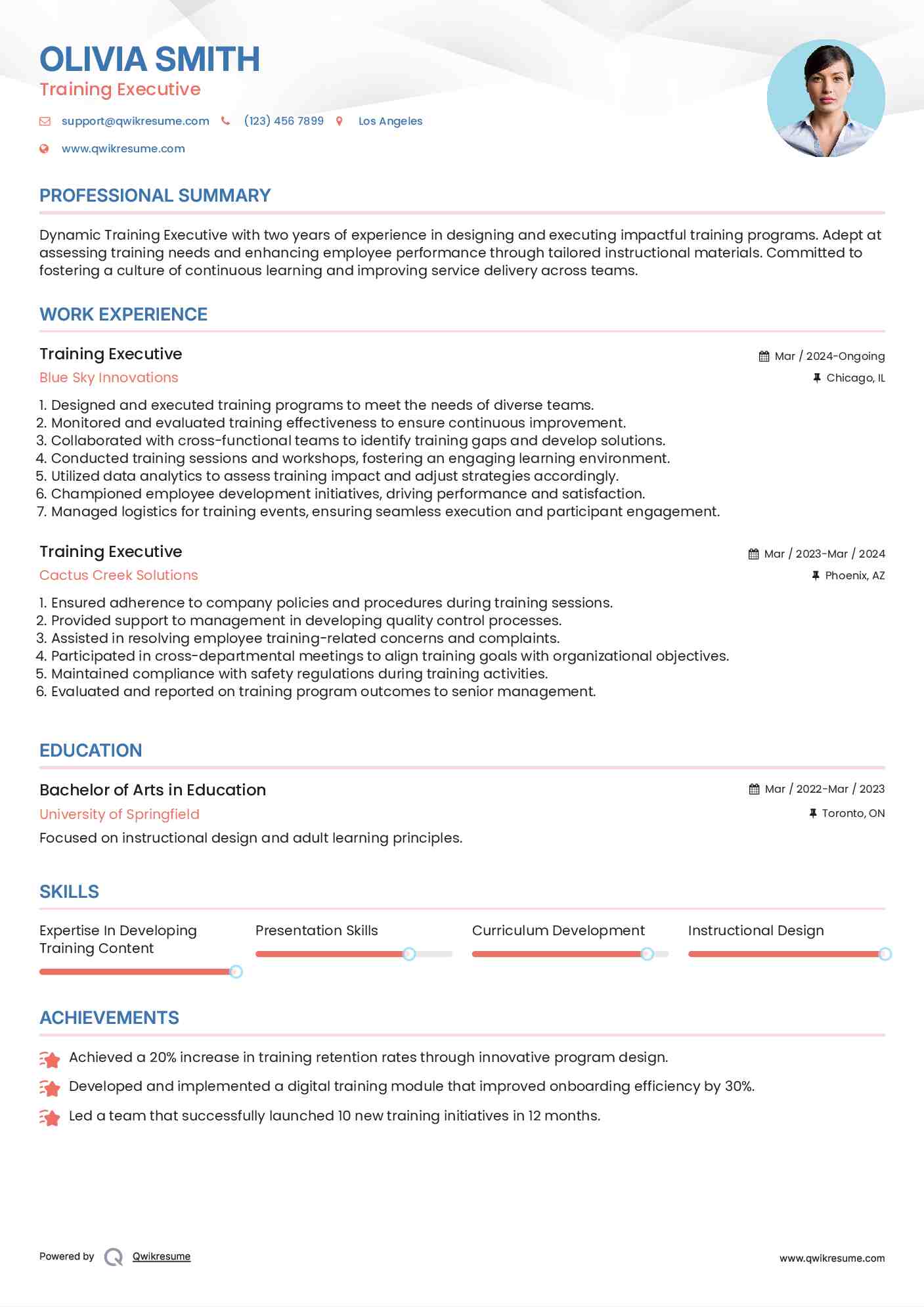 Training Executive Resume Template