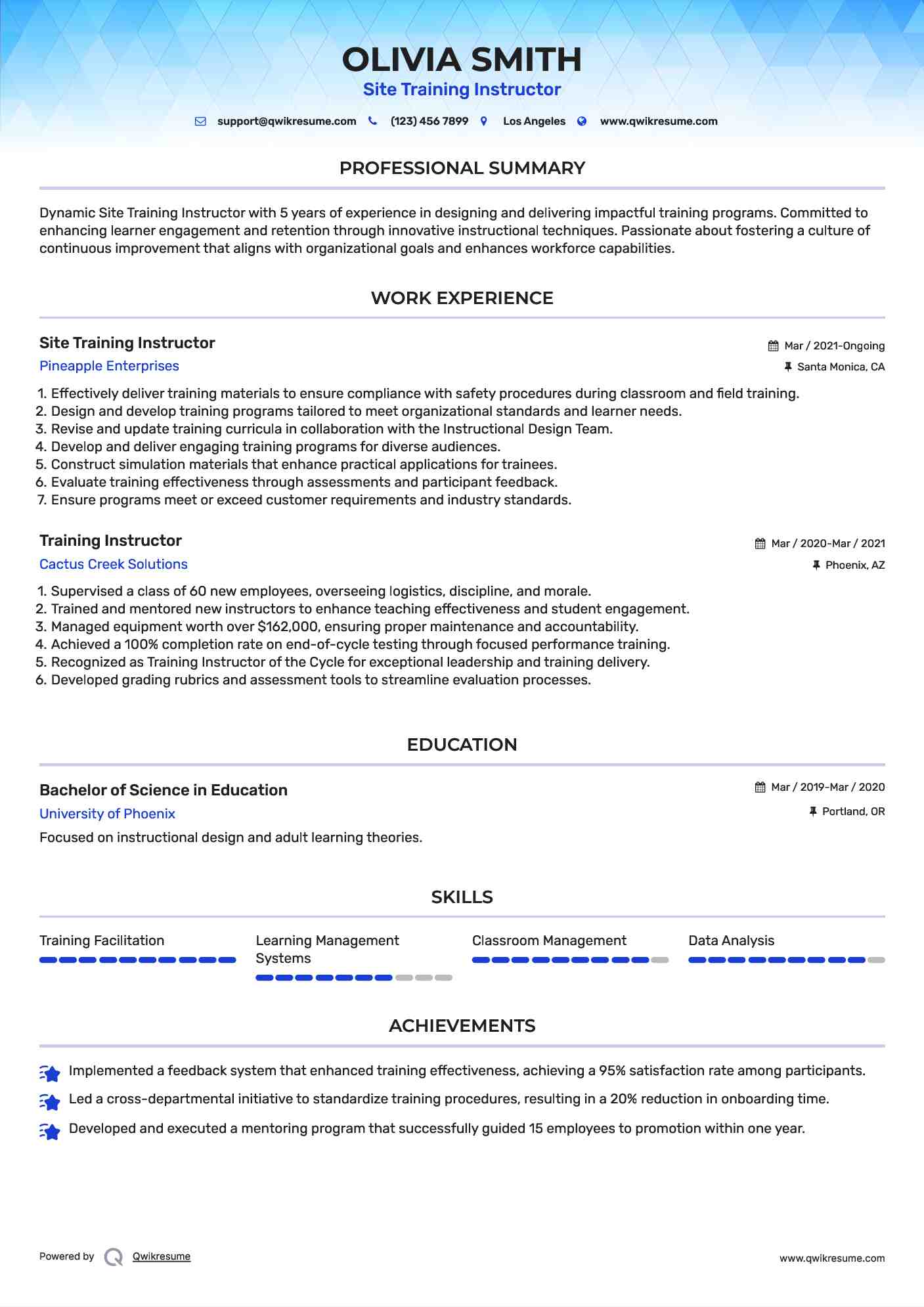 Site Training Instructor Resume Sample