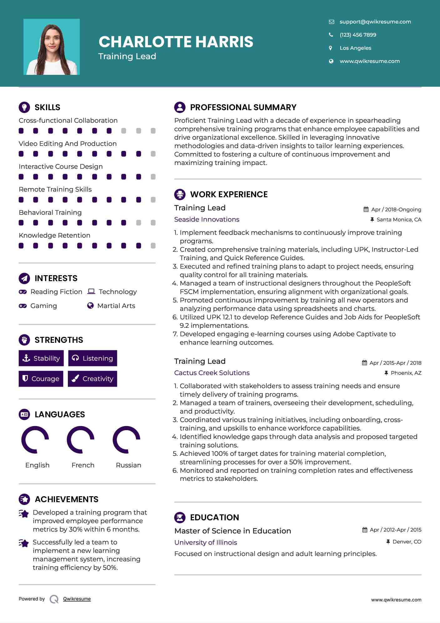 Training Lead Resume Sample