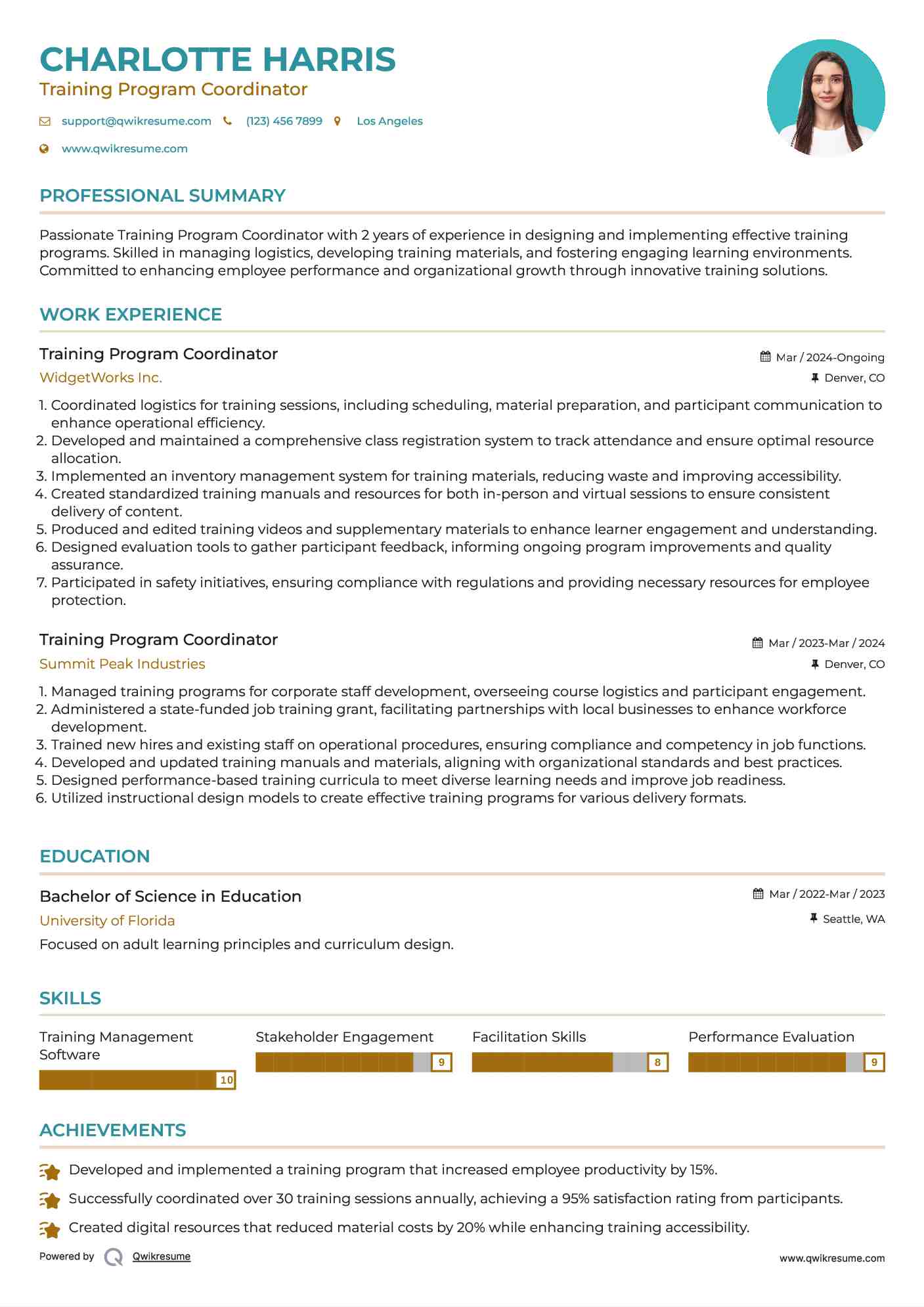 Training Program Coordinator Resume Sample