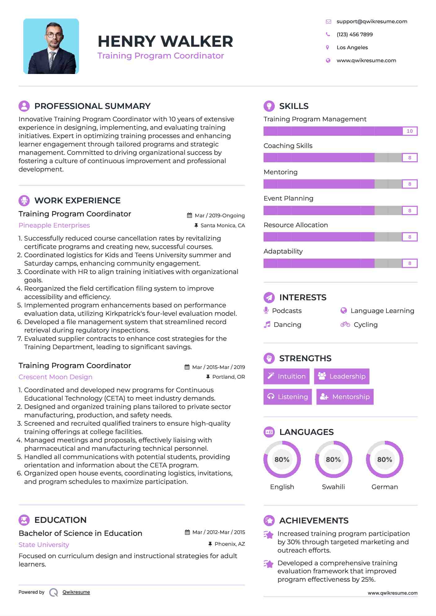 Training Program Coordinator Resume Sample