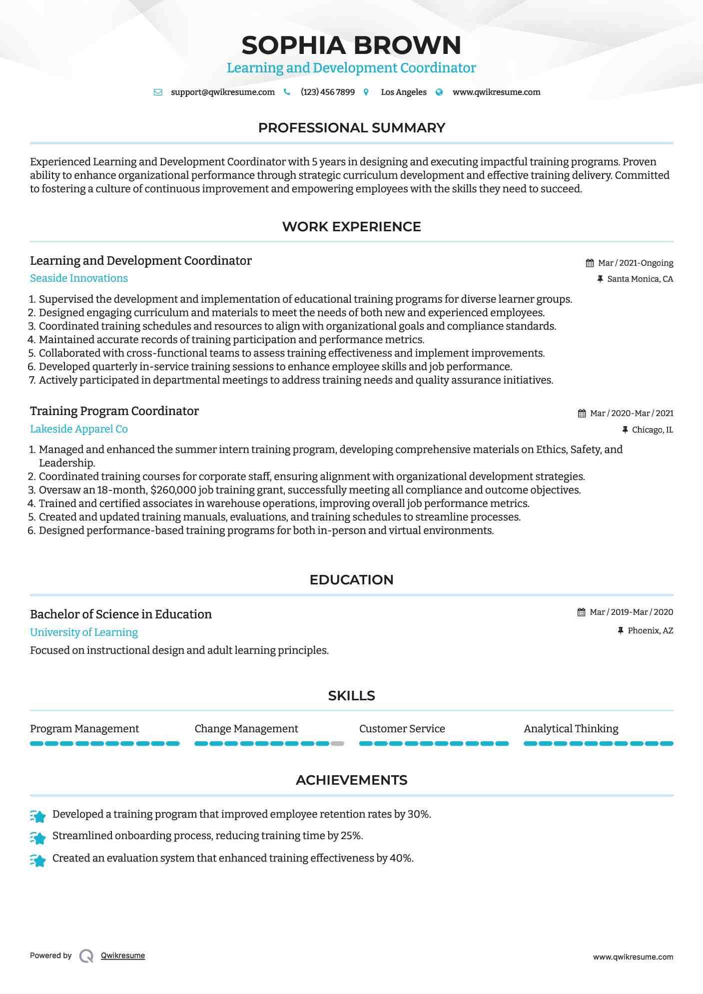 Learning and Development Coordinator Resume Model
