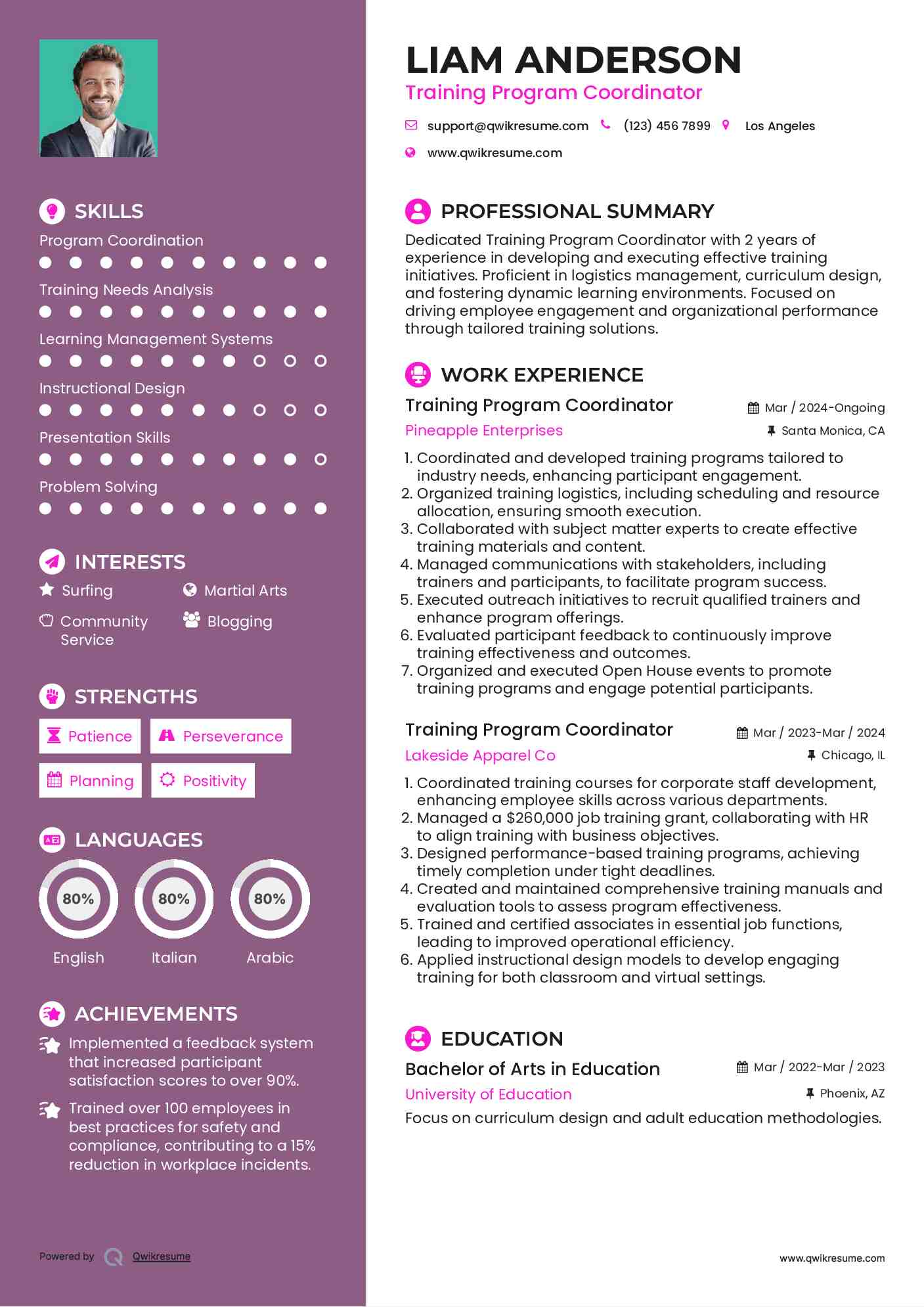 Training Program Coordinator Resume Sample