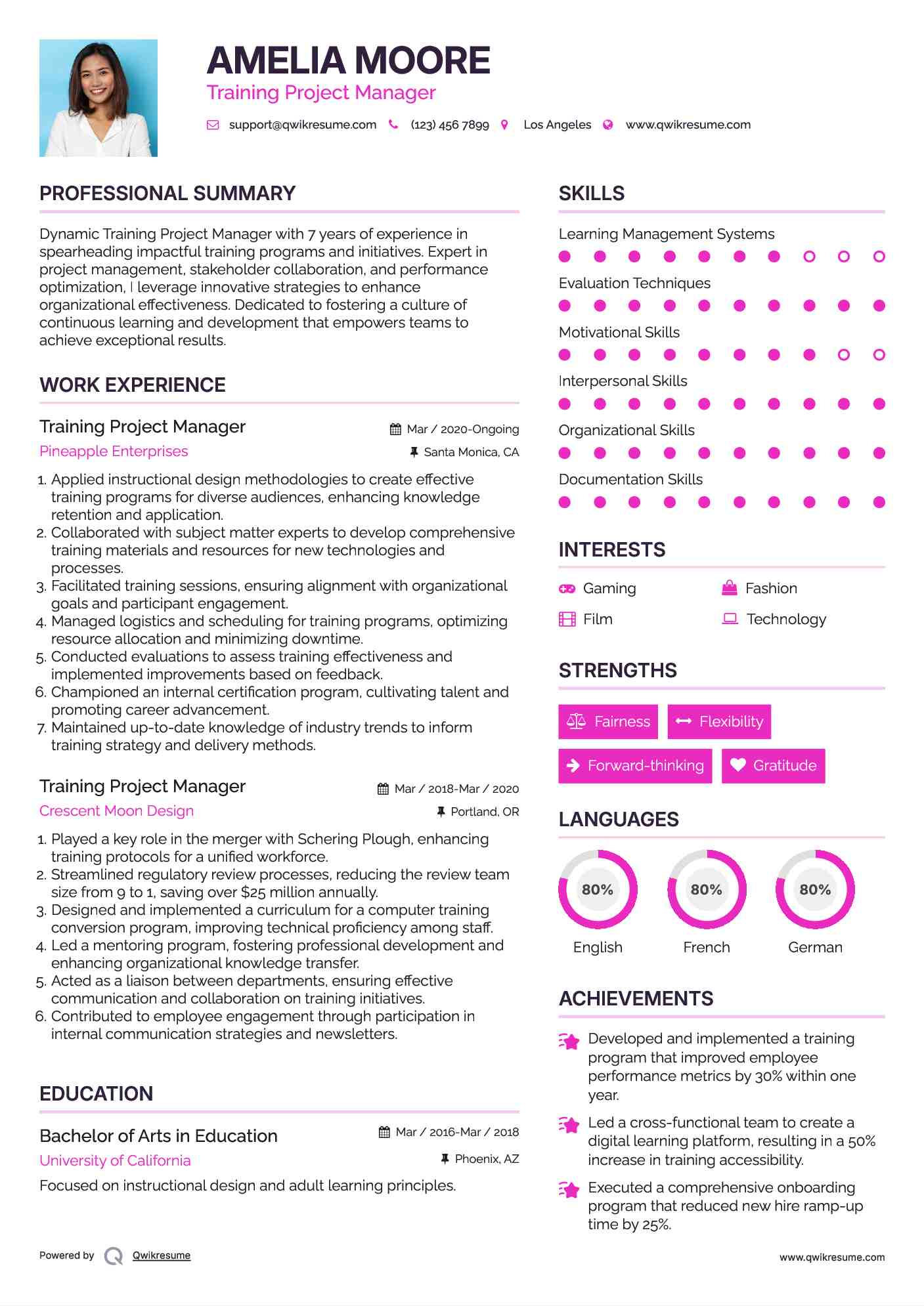 Training Project Manager Resume Sample