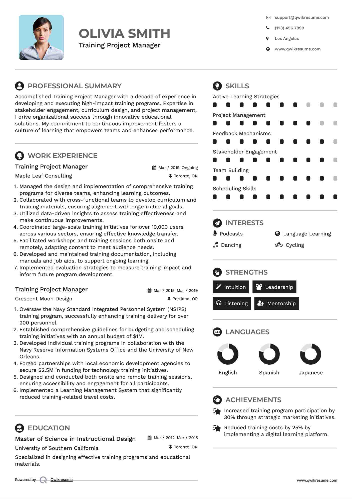 Training Project Manager Resume Sample