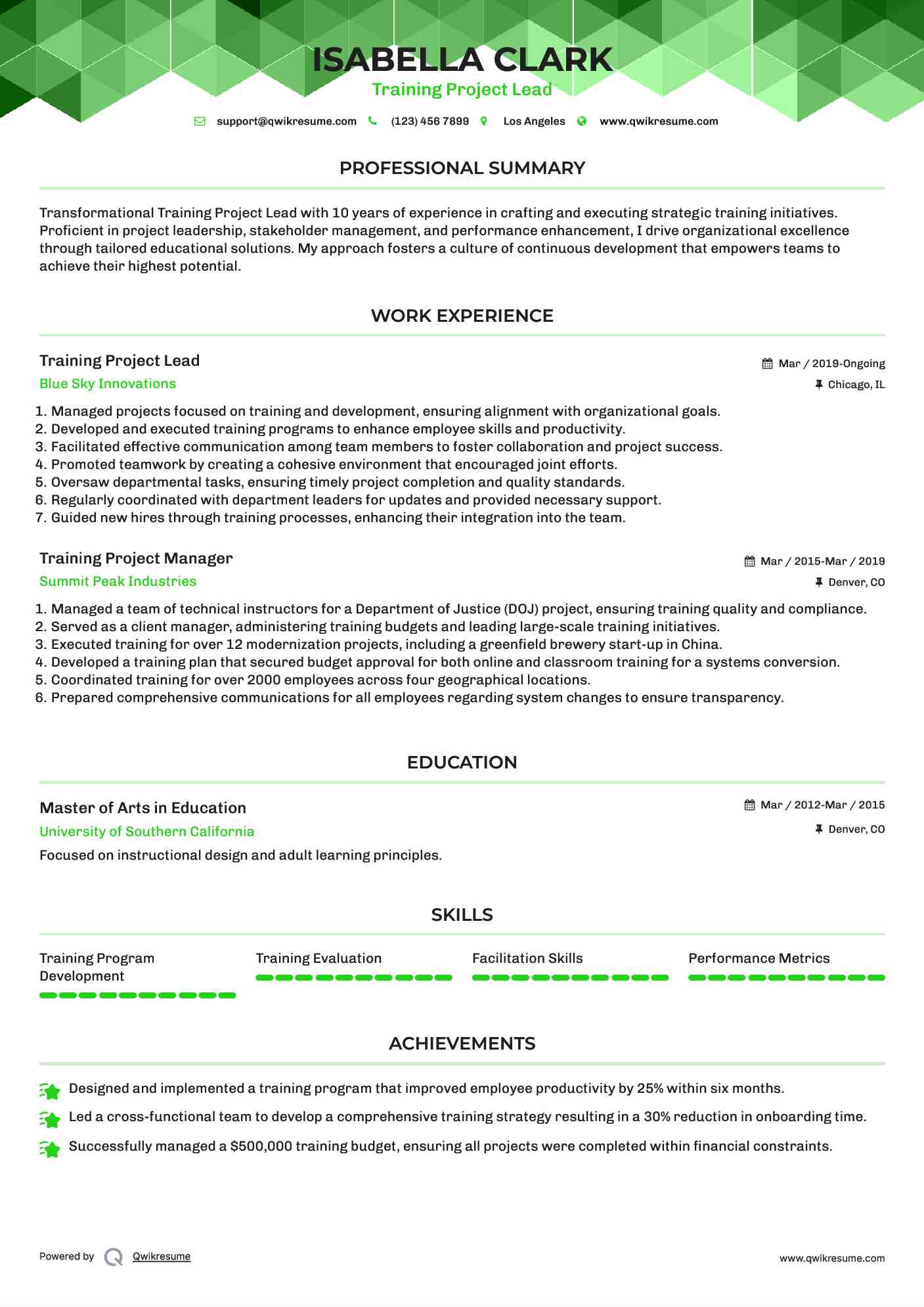 Training Project Lead Resume Model