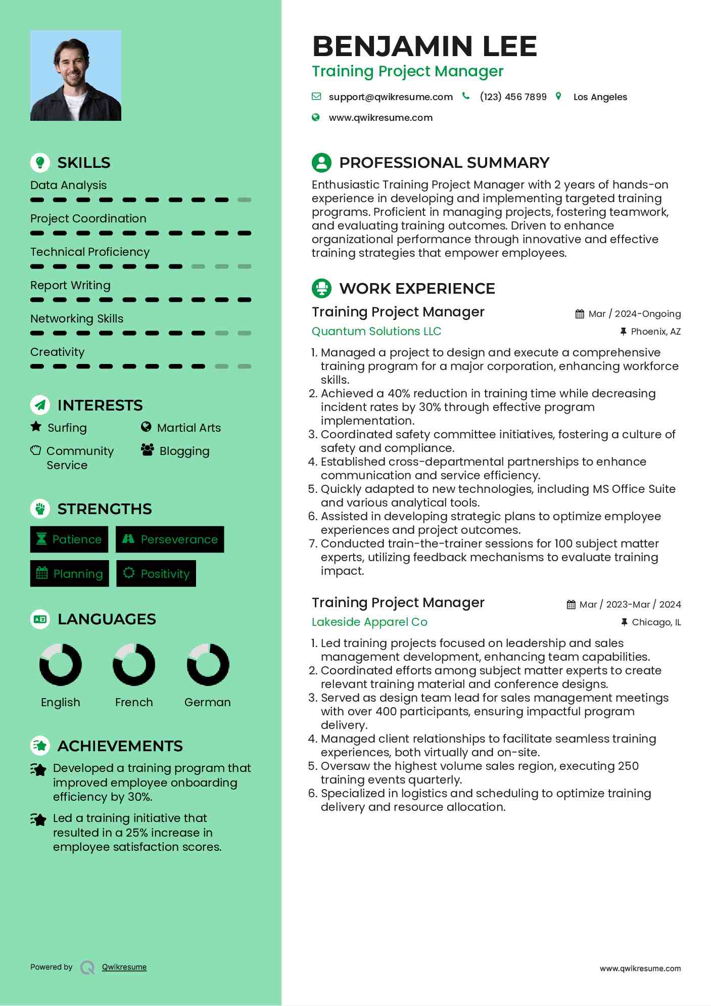 Training Project Manager Resume Model