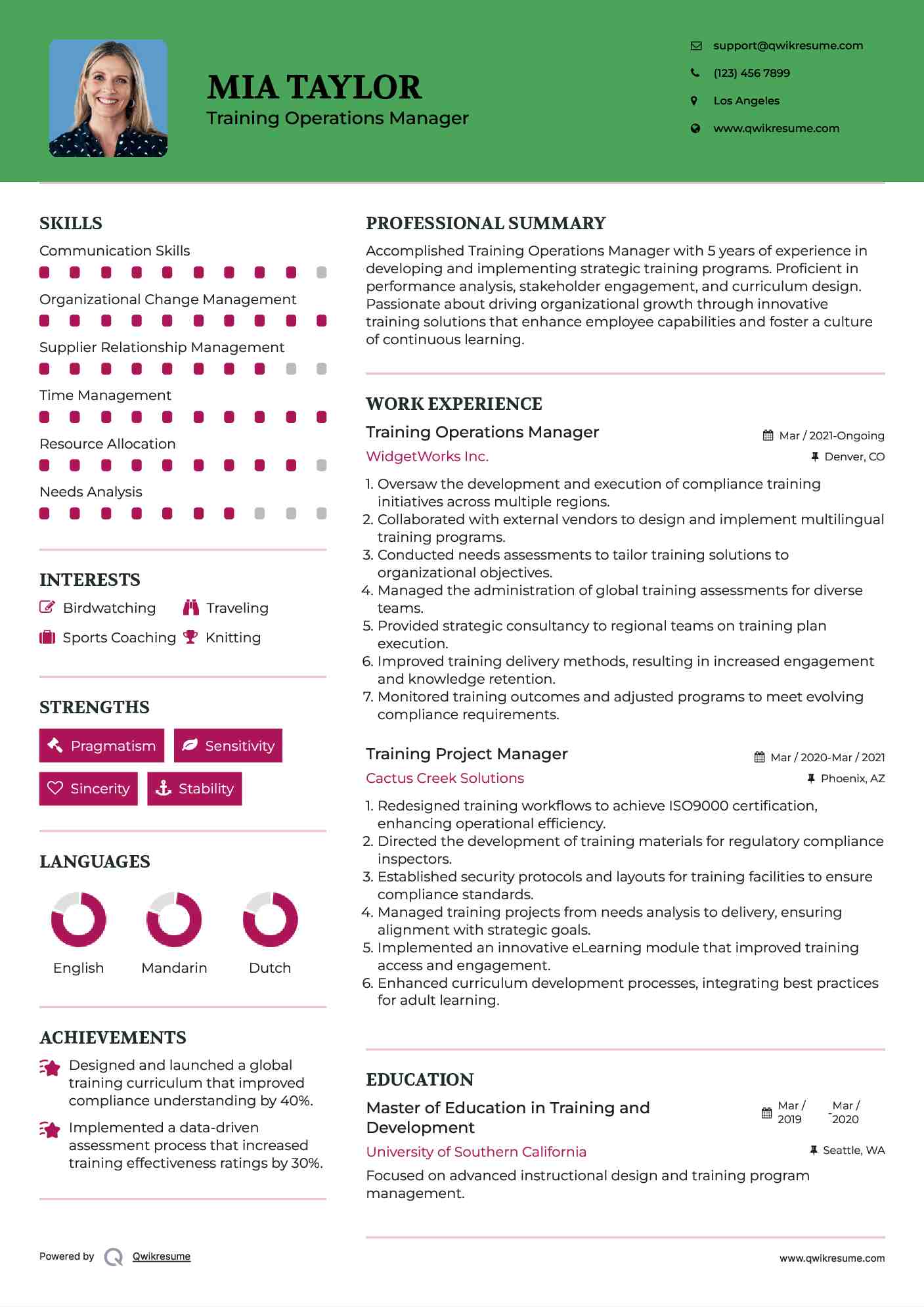 Training Operations Manager Resume Format