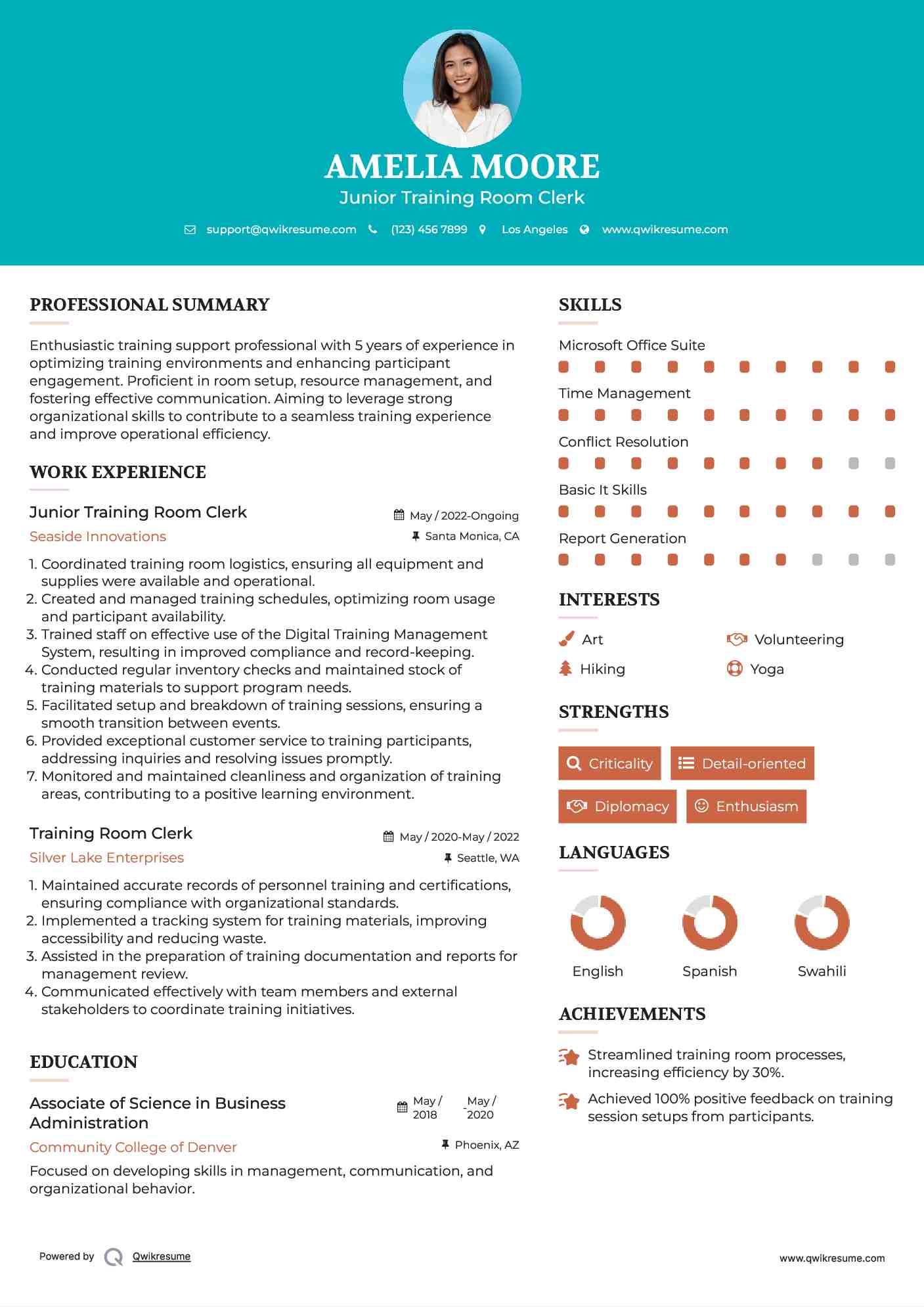 Junior Training Room Clerk Resume Format