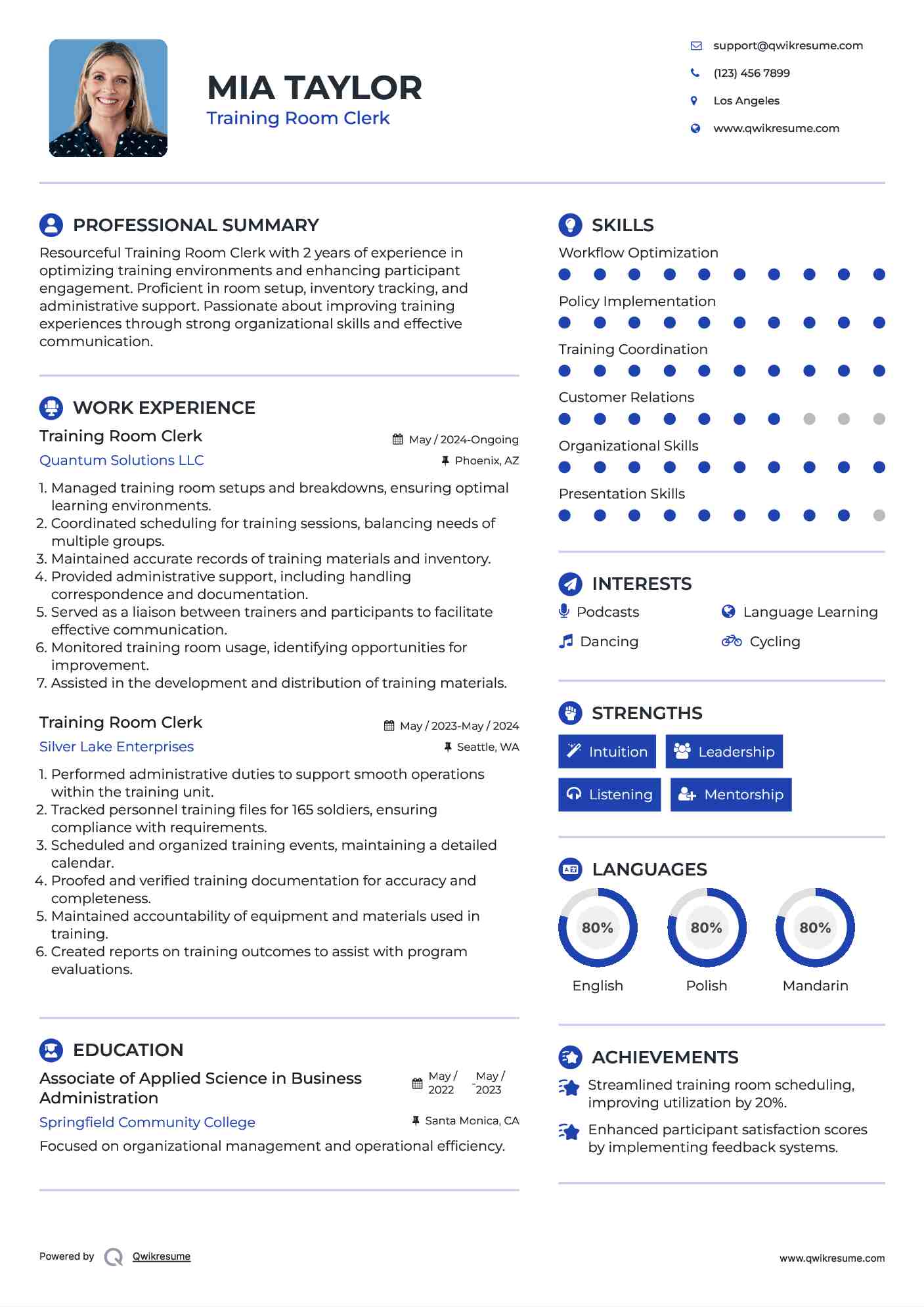 Training Room Clerk Resume Model
