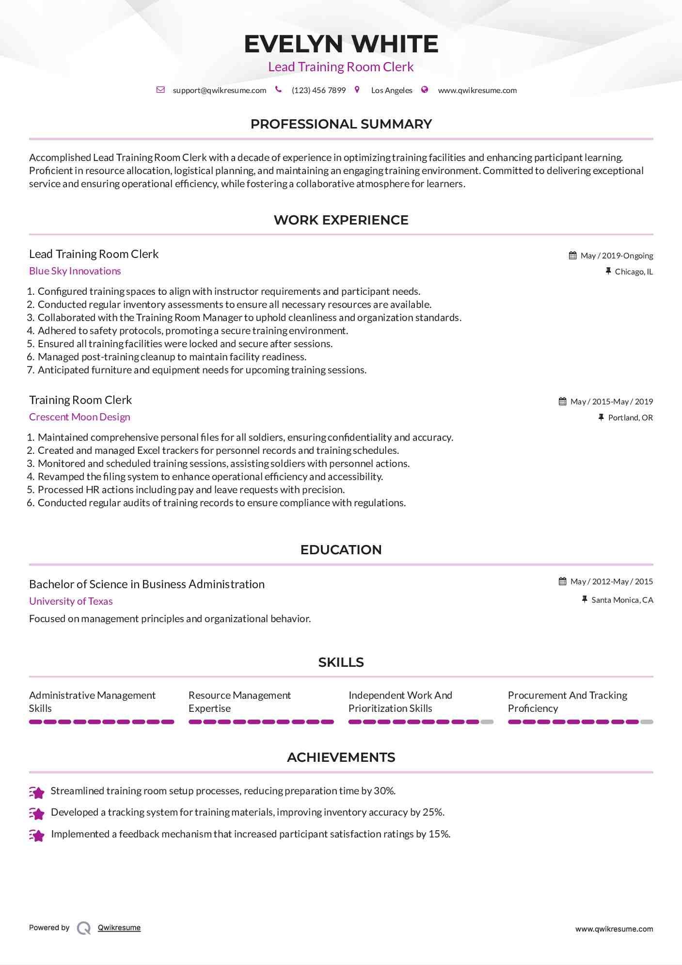 Lead Training Room Clerk Resume Example
