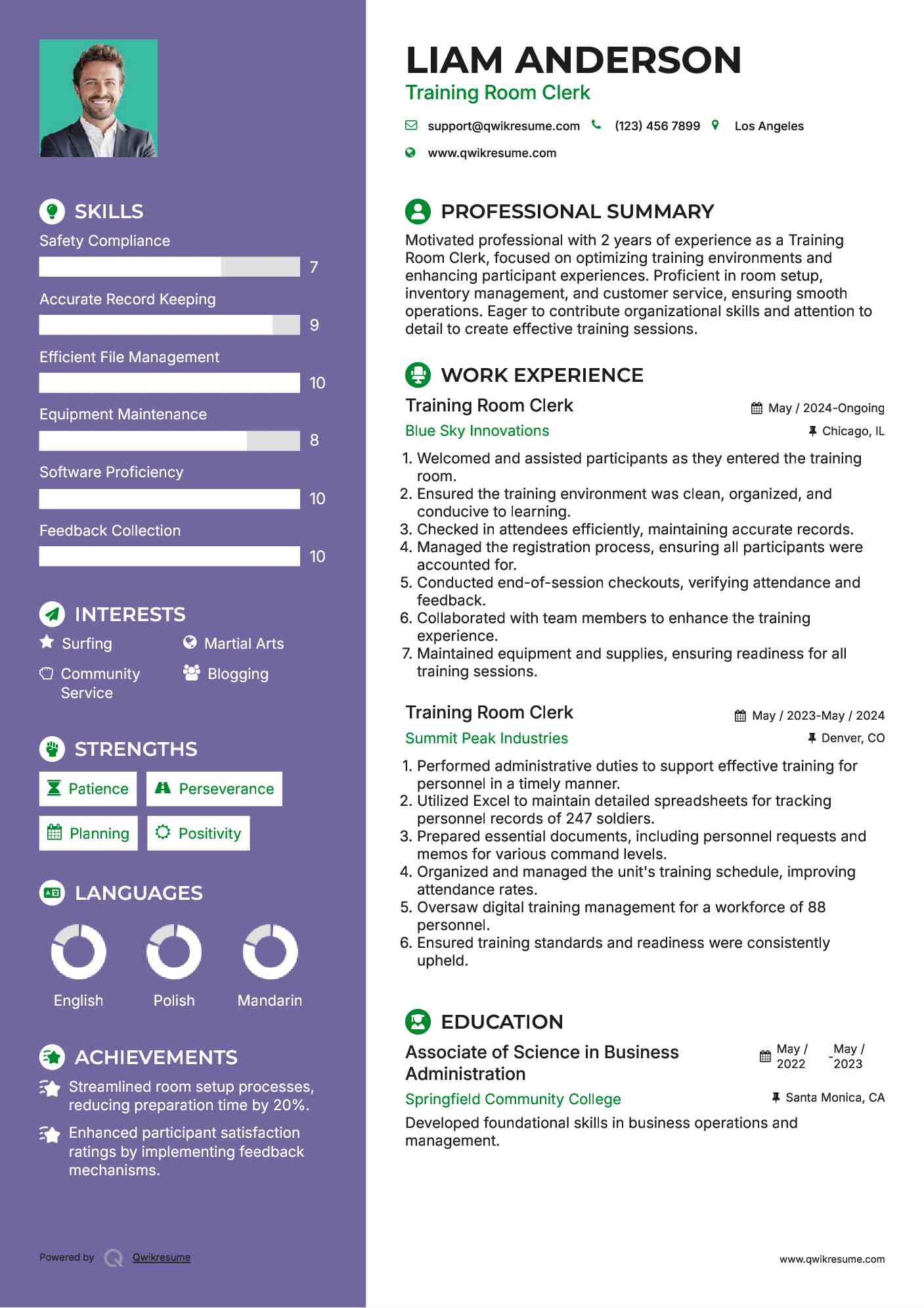 Training Room Clerk Resume Sample