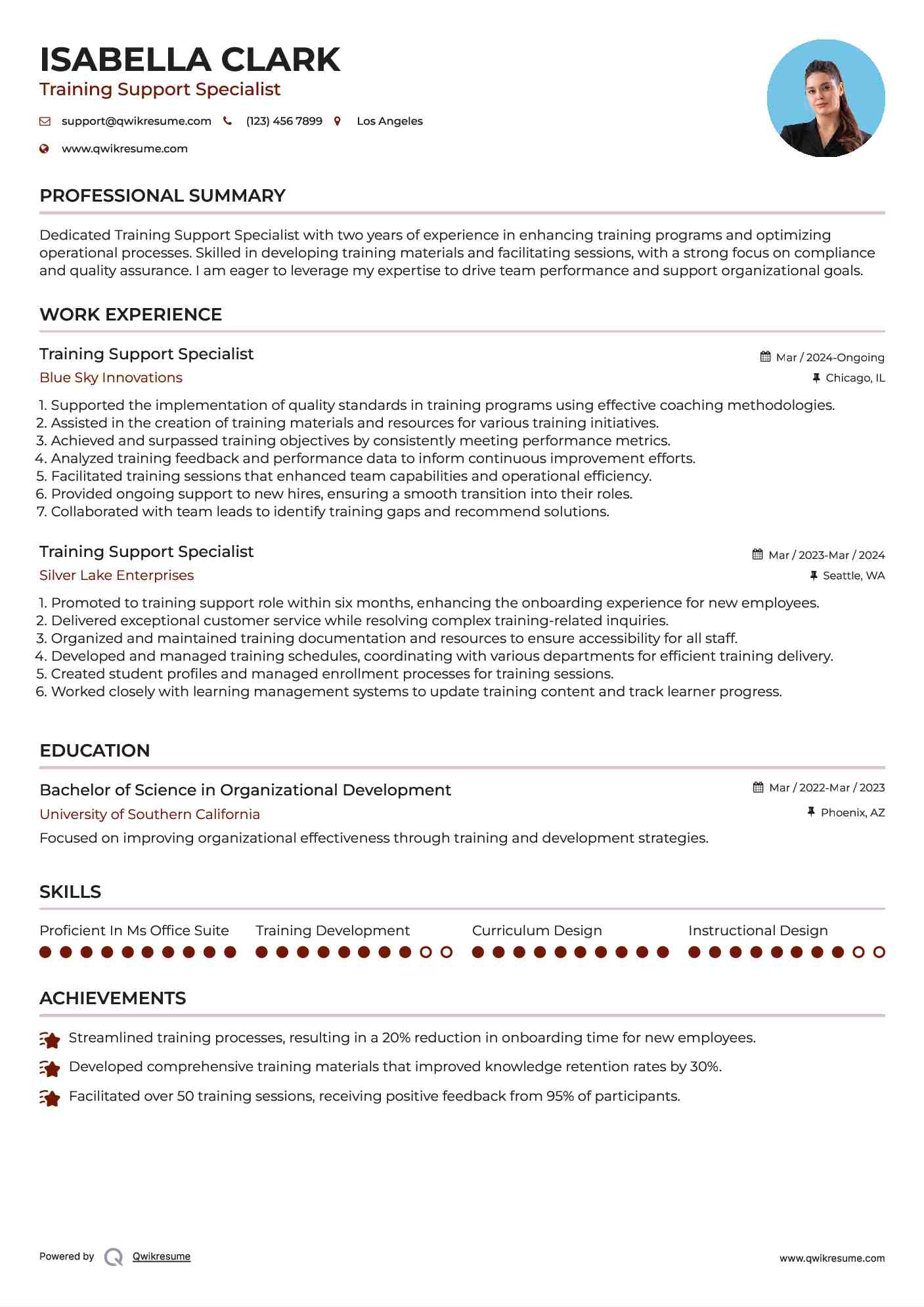 Training Support Specialist Resume Sample
