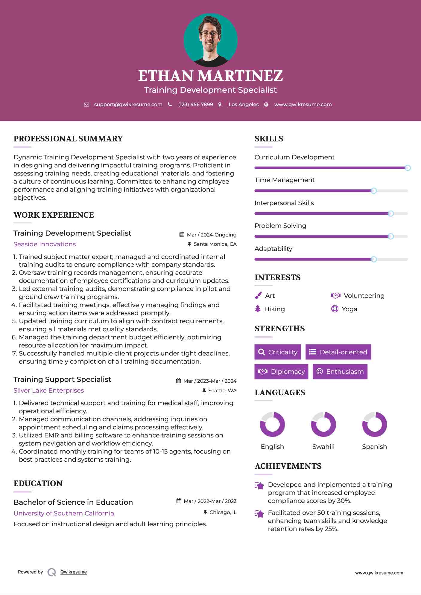 Training Development Specialist Resume Model