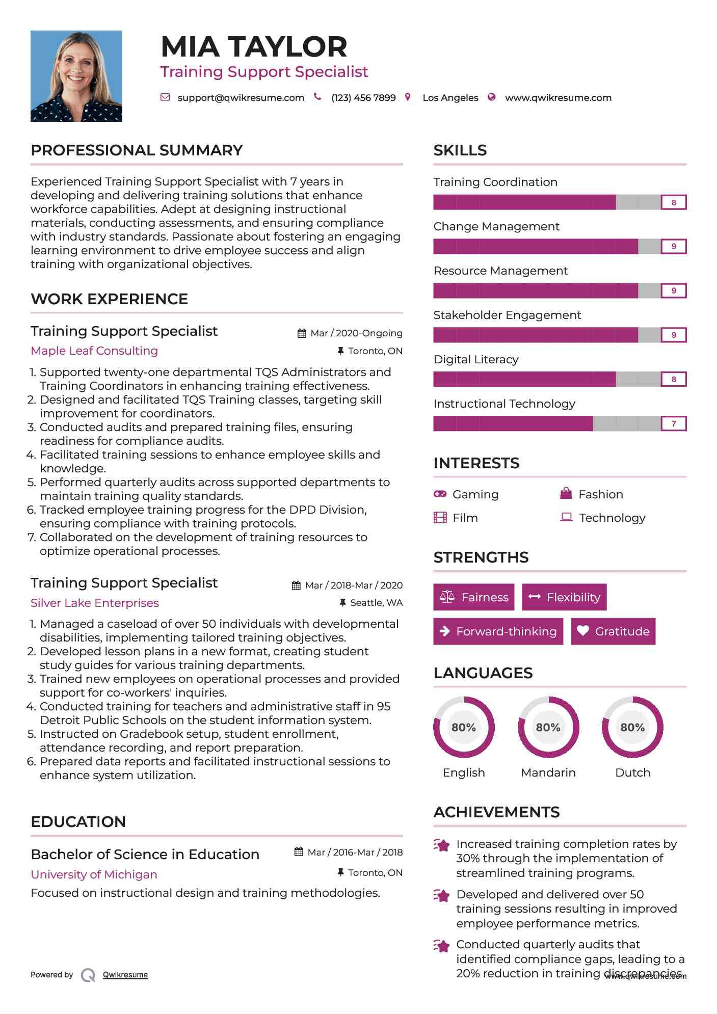 Training Support Specialist Resume Sample