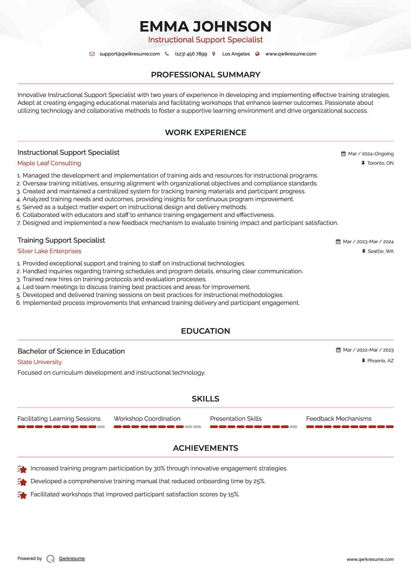 Instructional Support Specialist Resume Example