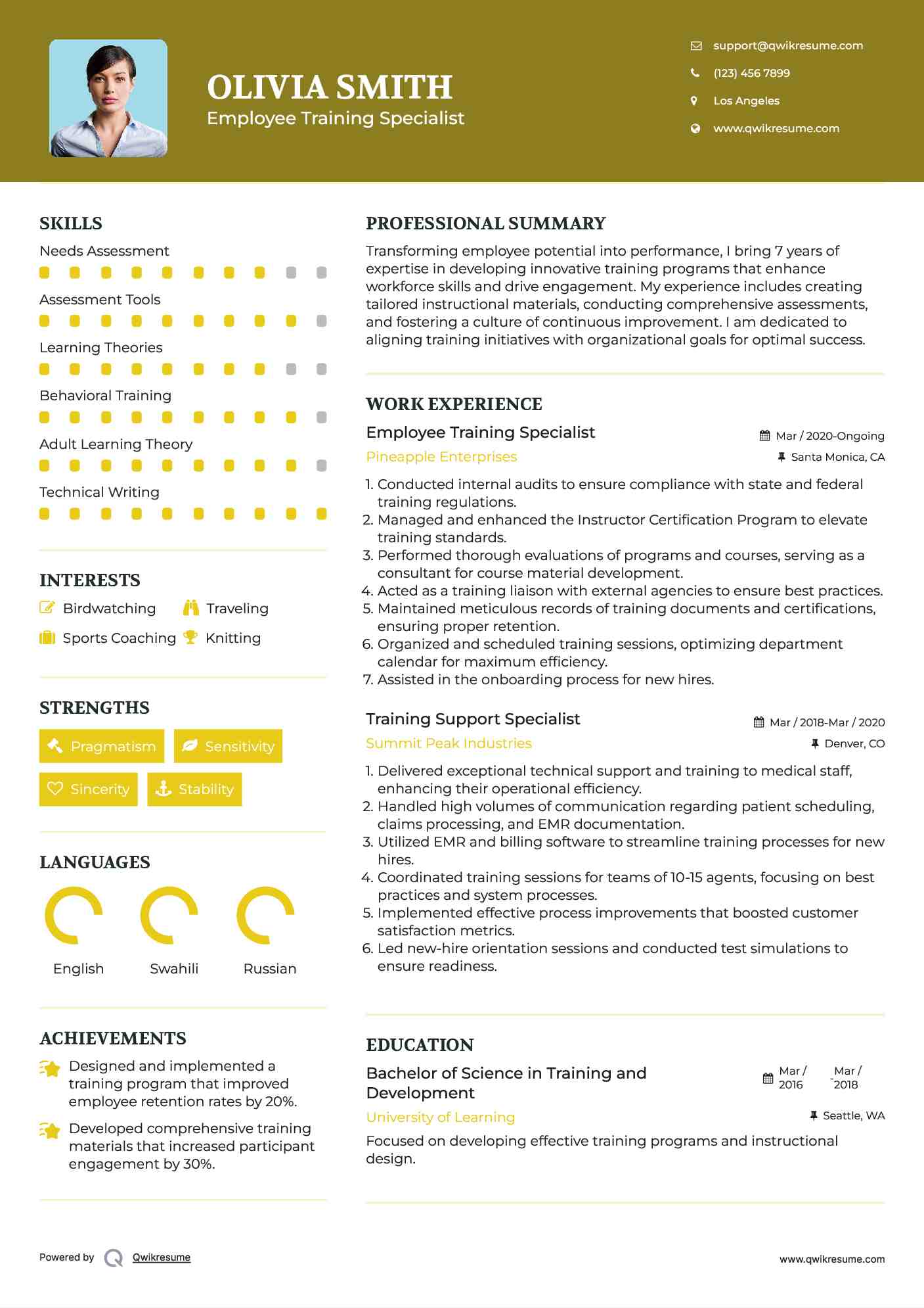 Employee Training Specialist Resume Example
