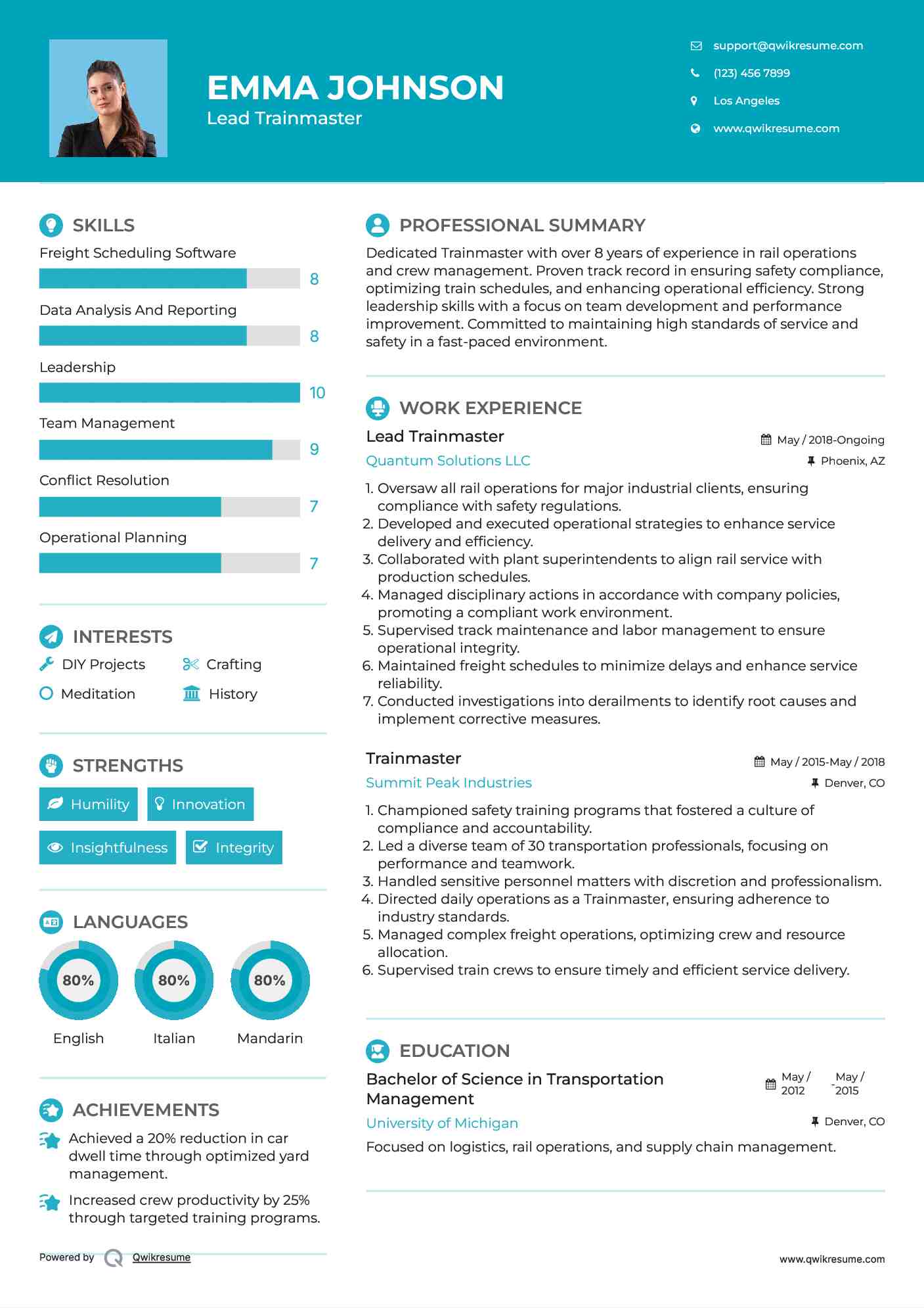 Lead Trainmaster Resume Example