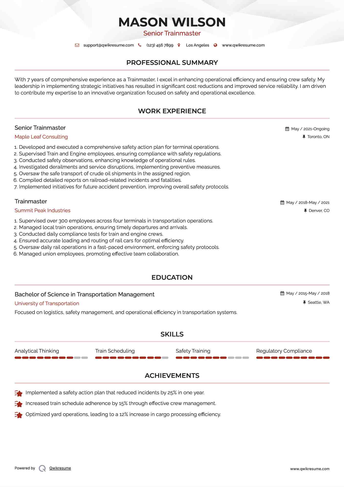 Senior Trainmaster Resume Example