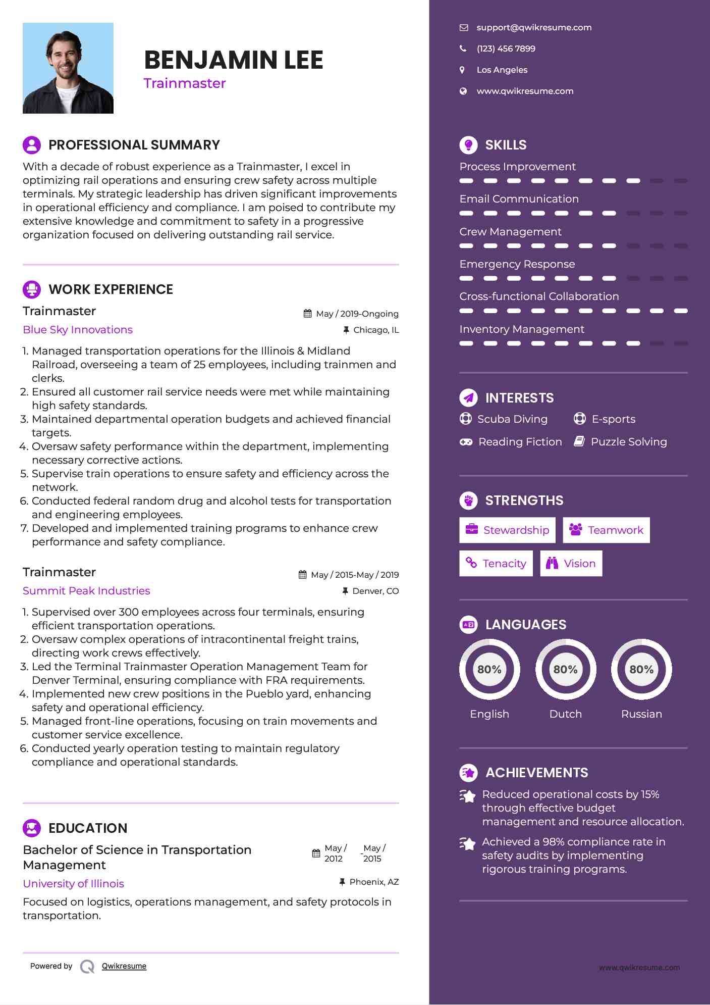 Trainmaster Resume Sample