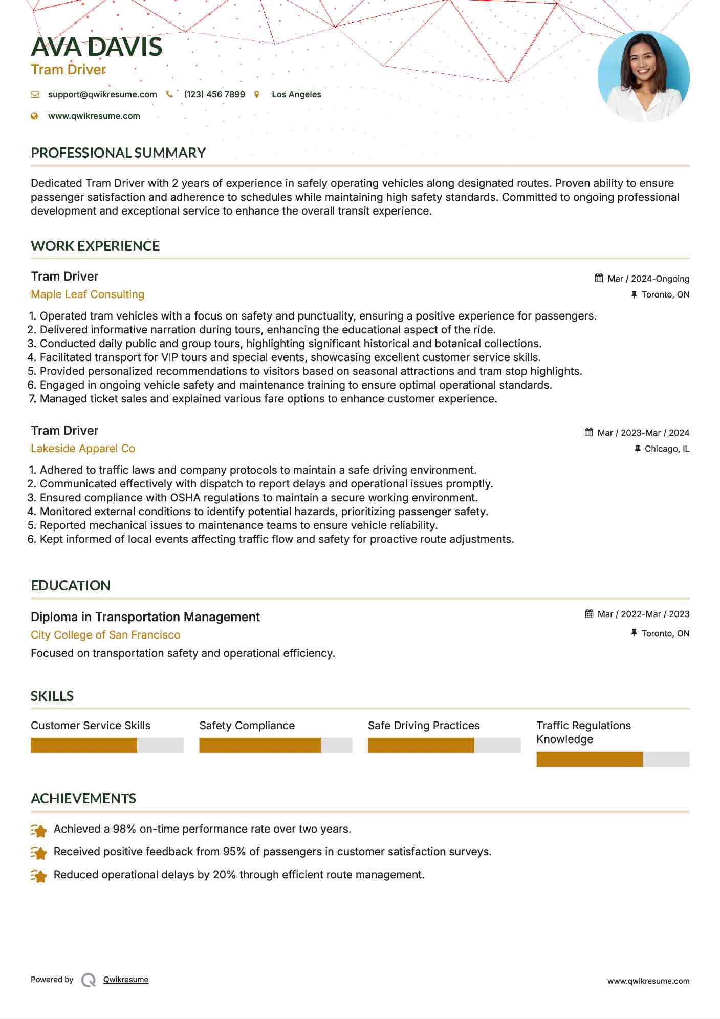 Tram Driver Resume Example