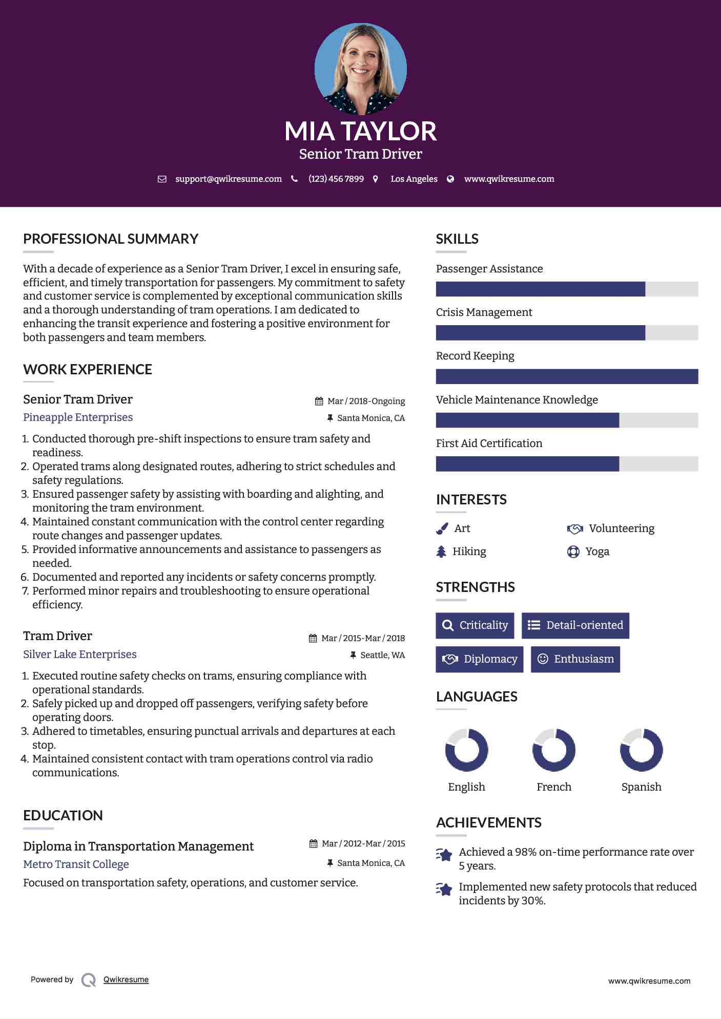 Senior Tram Driver Resume Sample