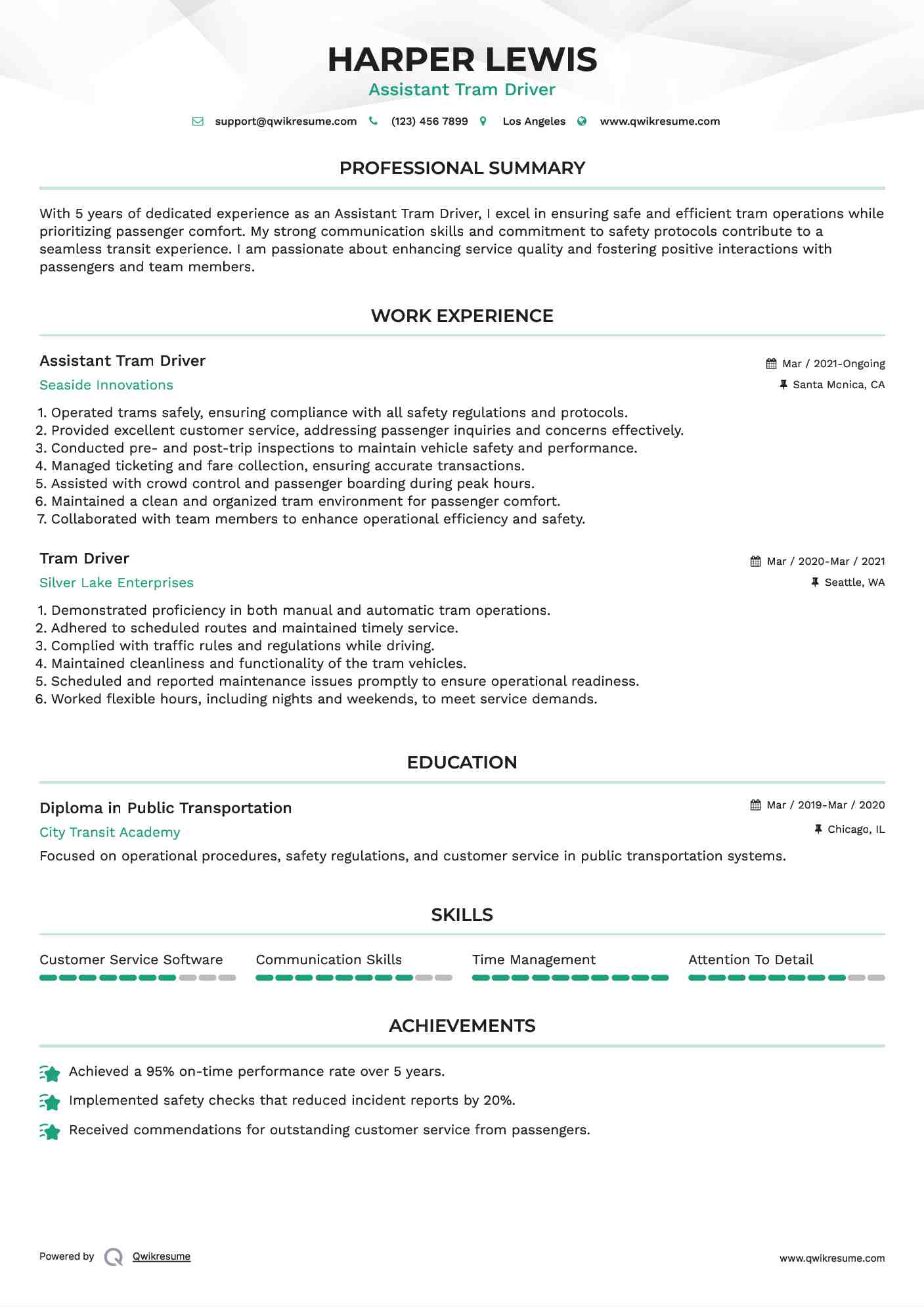 Assistant Tram Driver Resume Sample