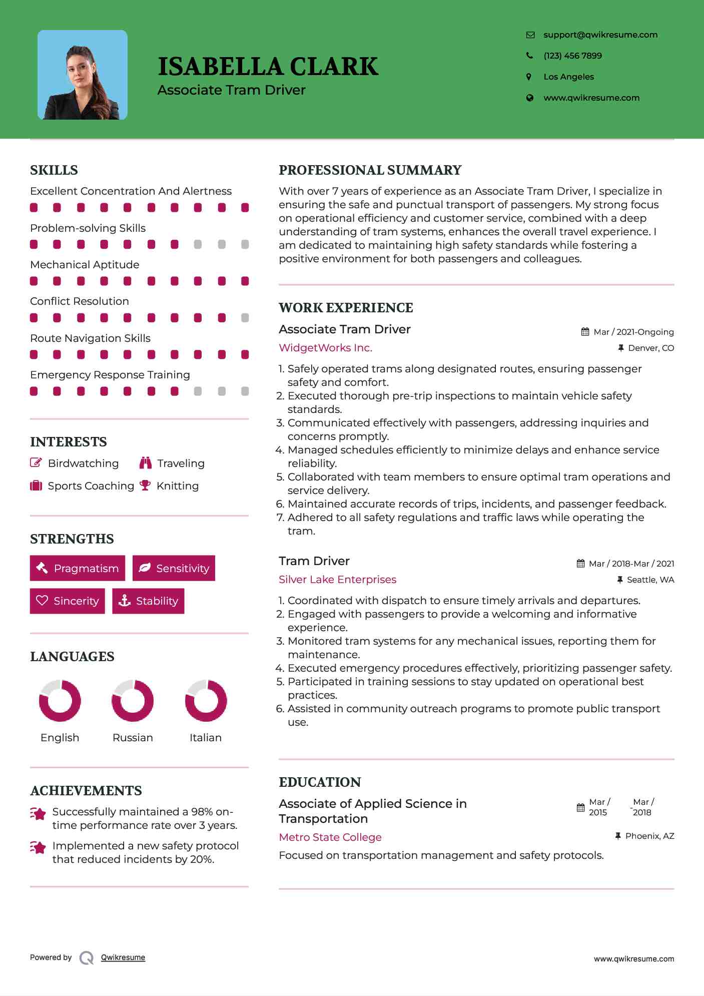 Associate Tram Driver Resume Model