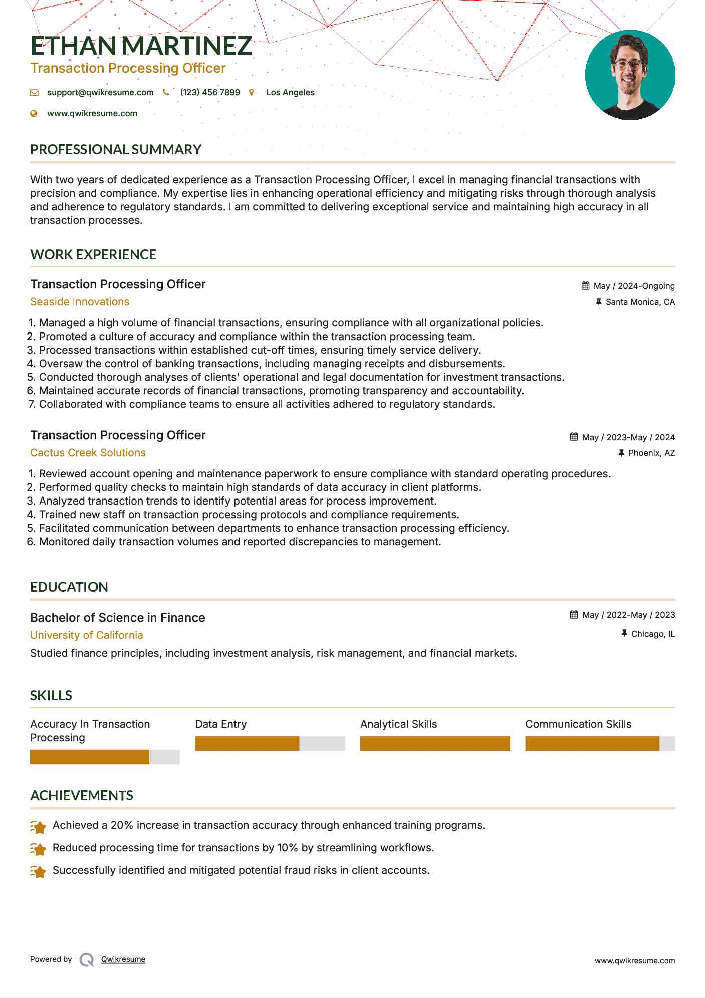 Transaction Processing Officer Resume Example
