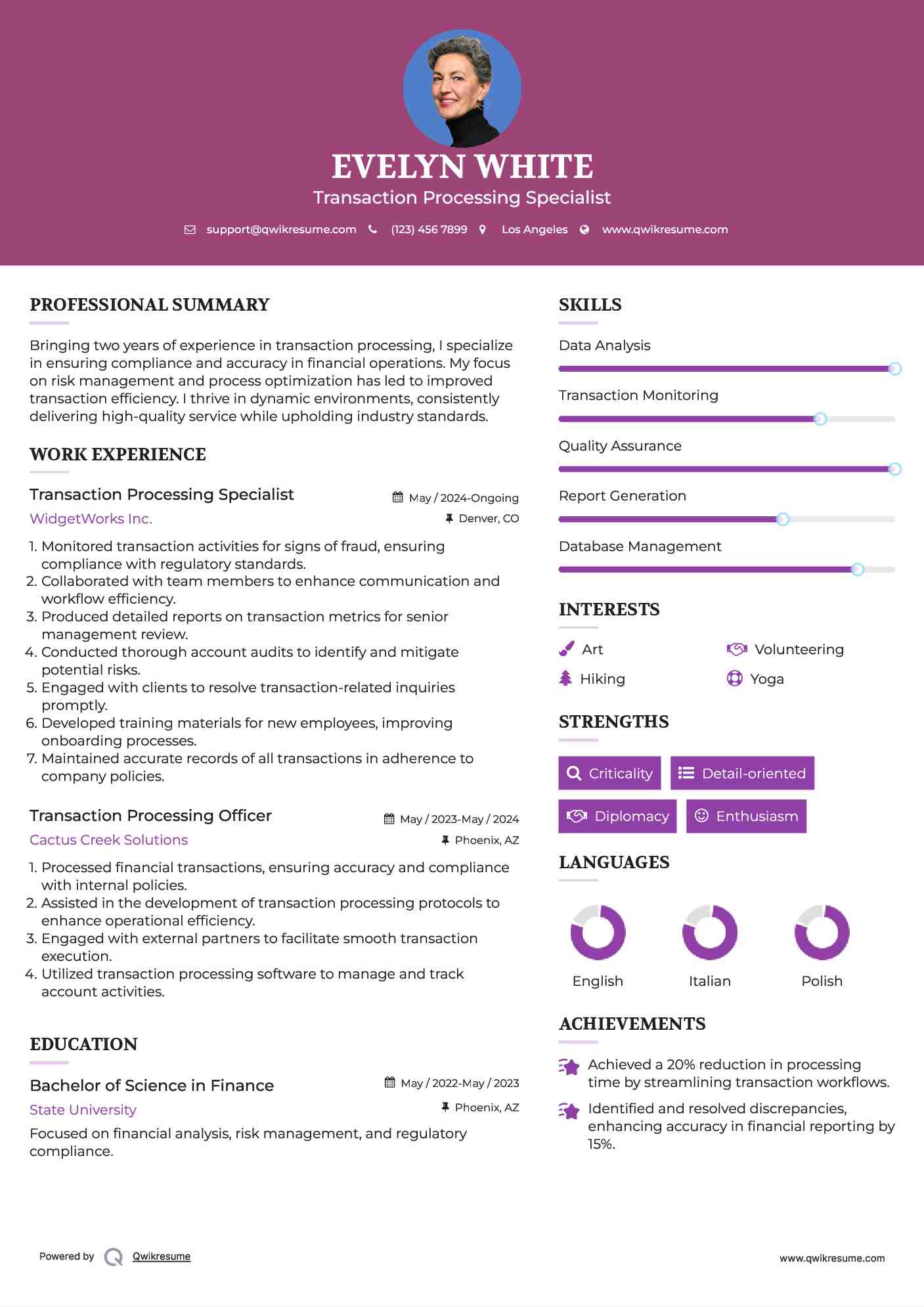 Transaction Processing Specialist Resume Model