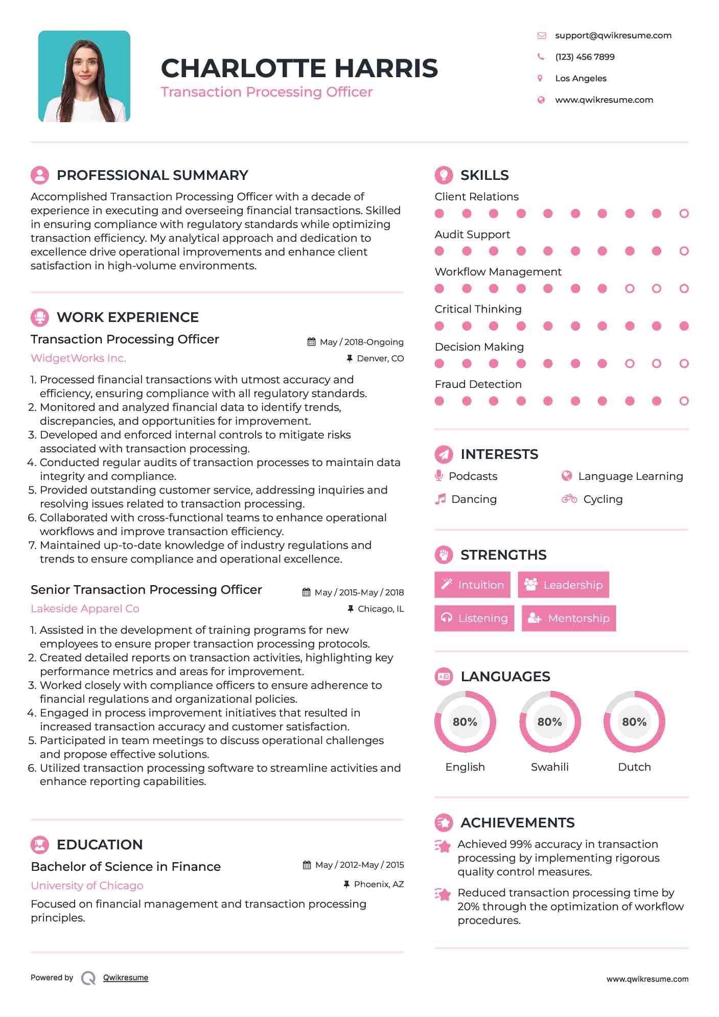 Transaction Processing Officer Resume Template