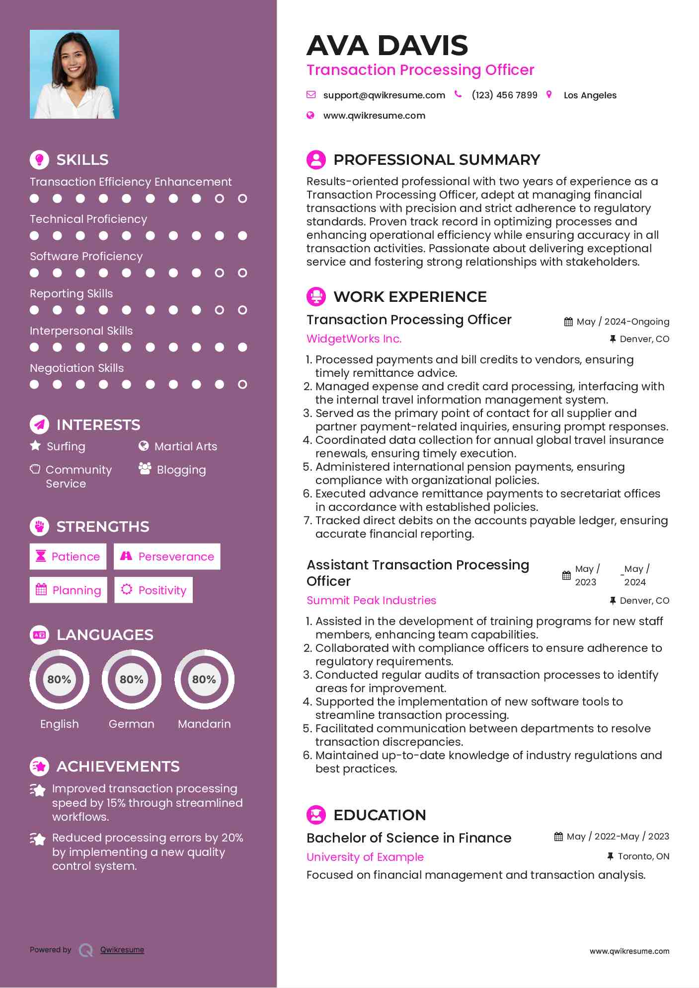 Transaction Processing Officer Resume Example