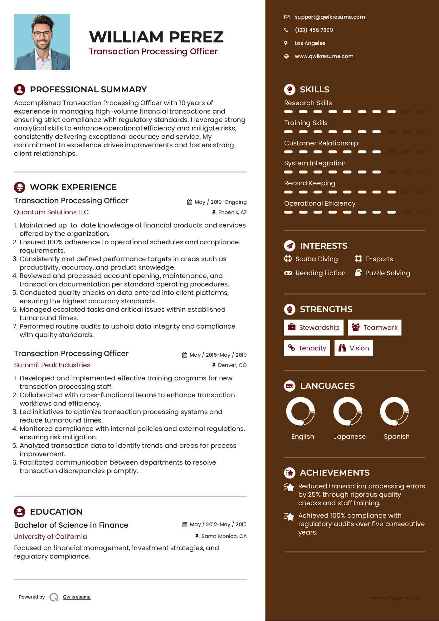 Transaction Processing Officer Resume Template