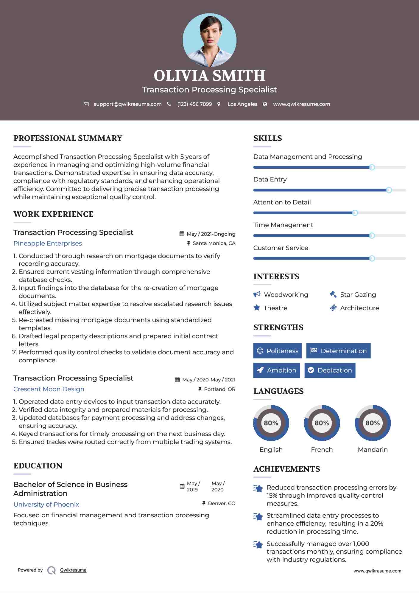 Transaction Processing Specialist Resume Model