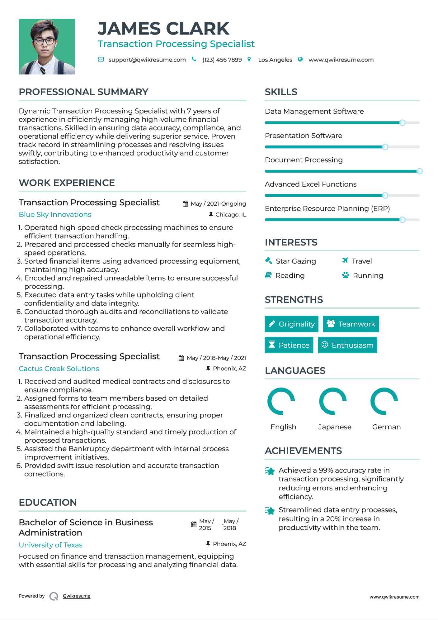 Transaction Processing Specialist Resume Example