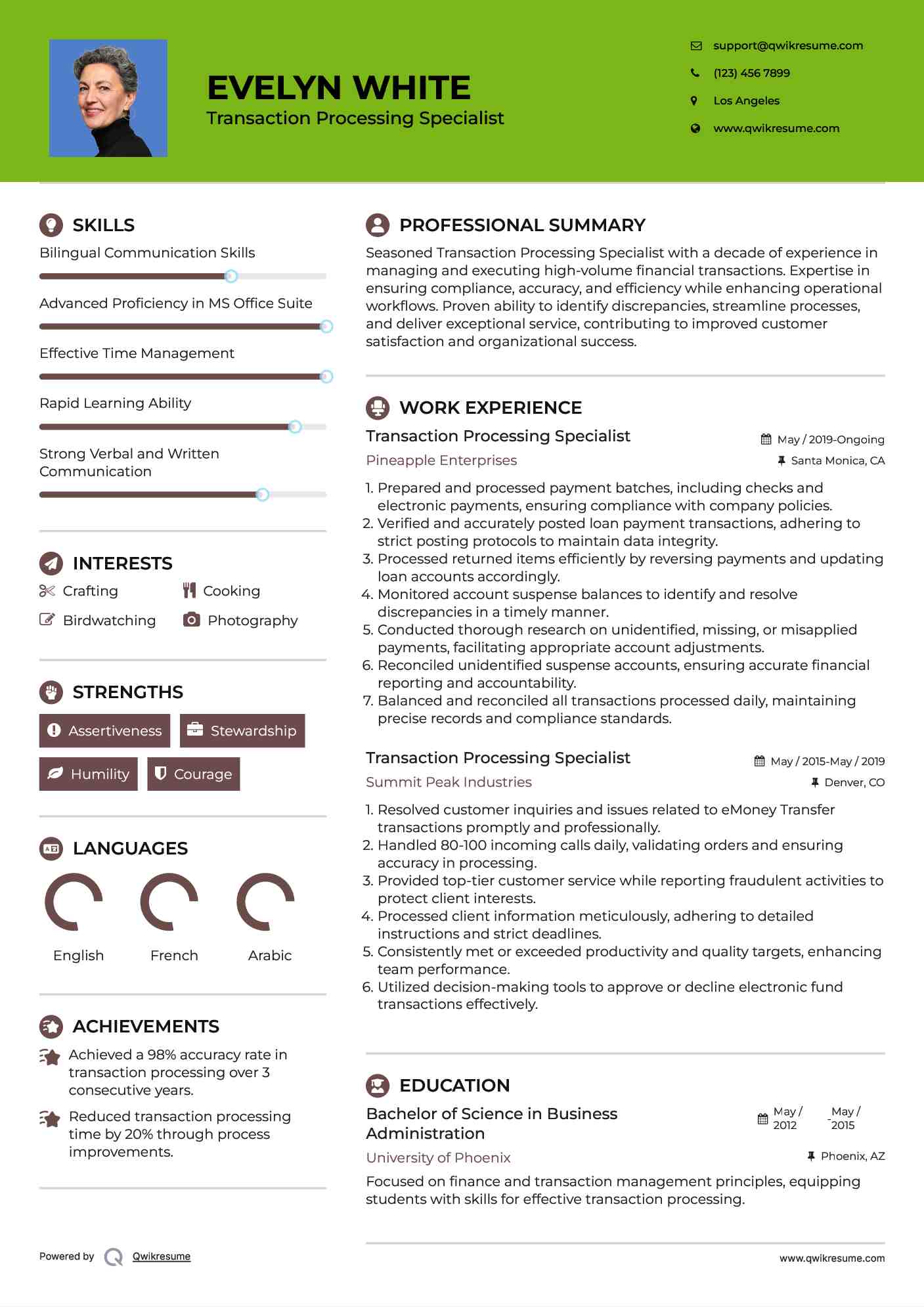 Transaction Processing Specialist Resume Example