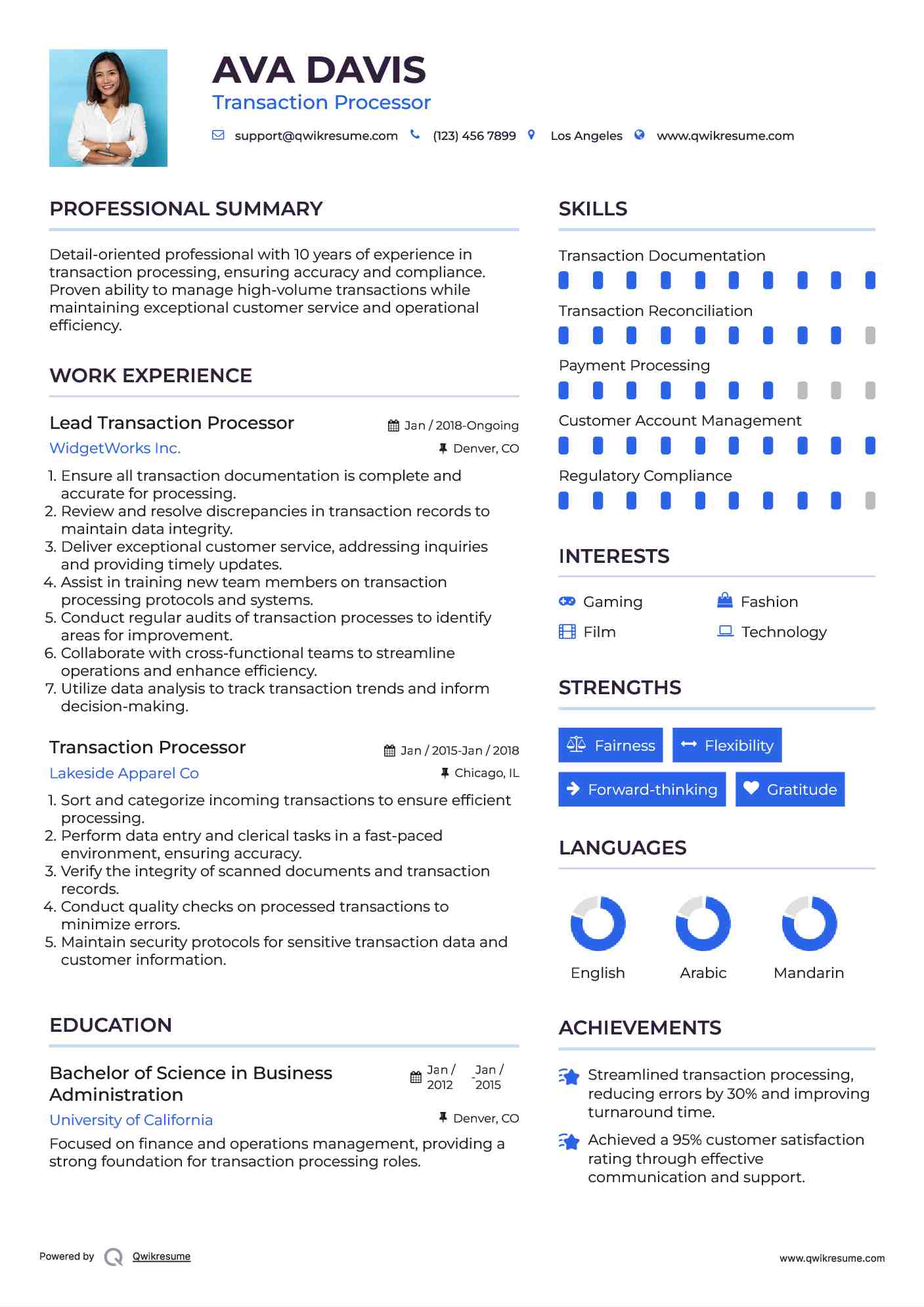Lead Transaction Processor Resume Model