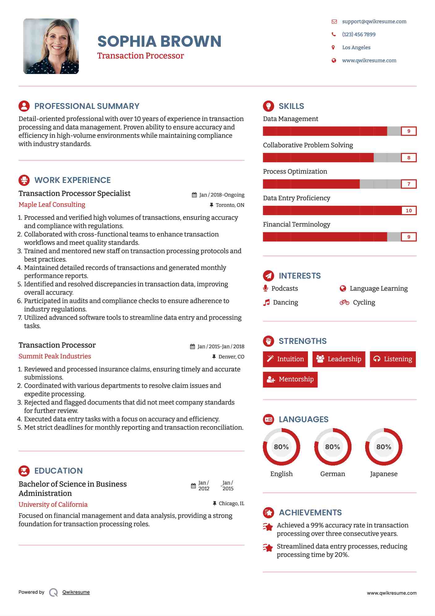 Transaction Processor Specialist Resume Example