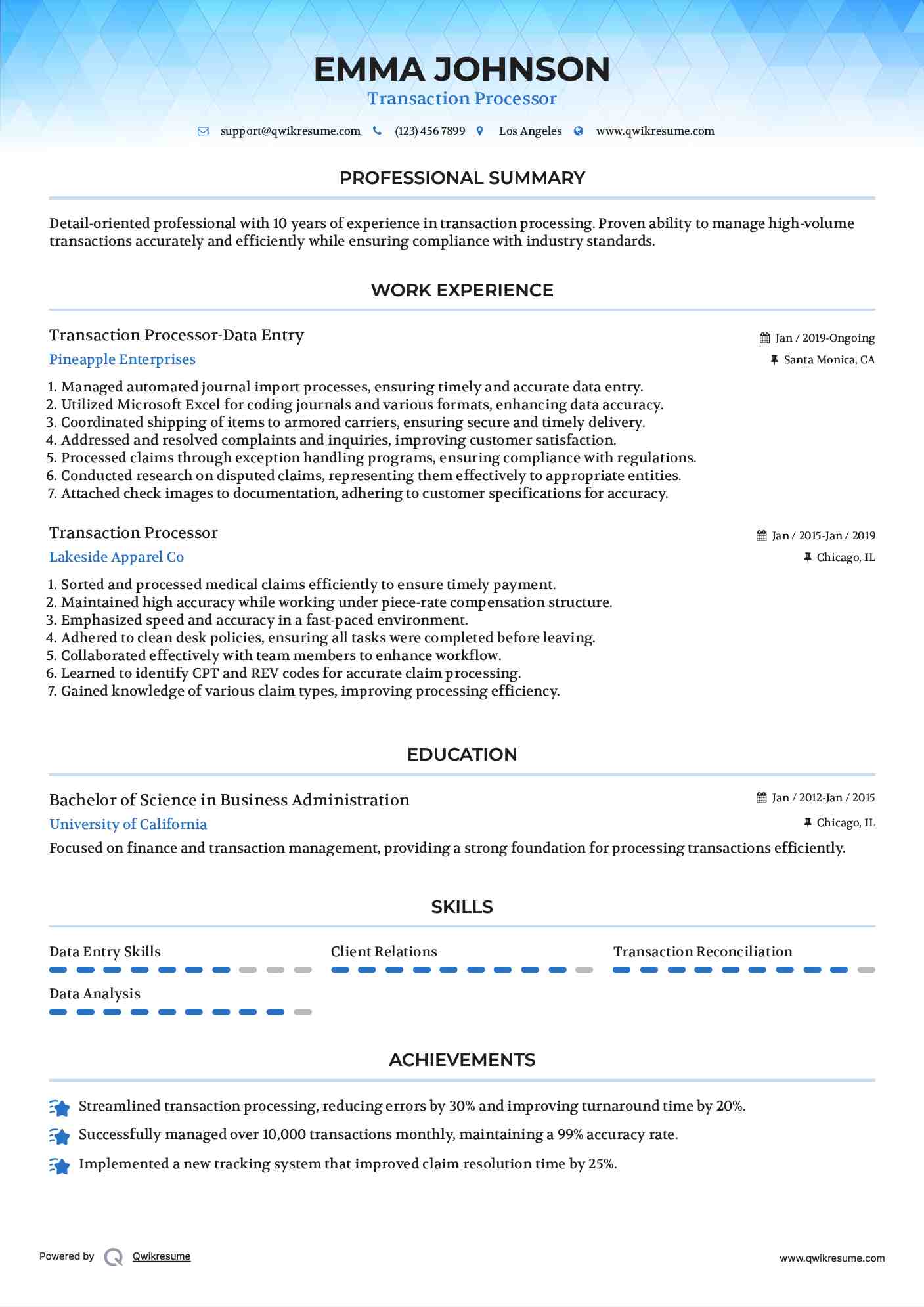 Transaction Processor-Data Entry Resume Template