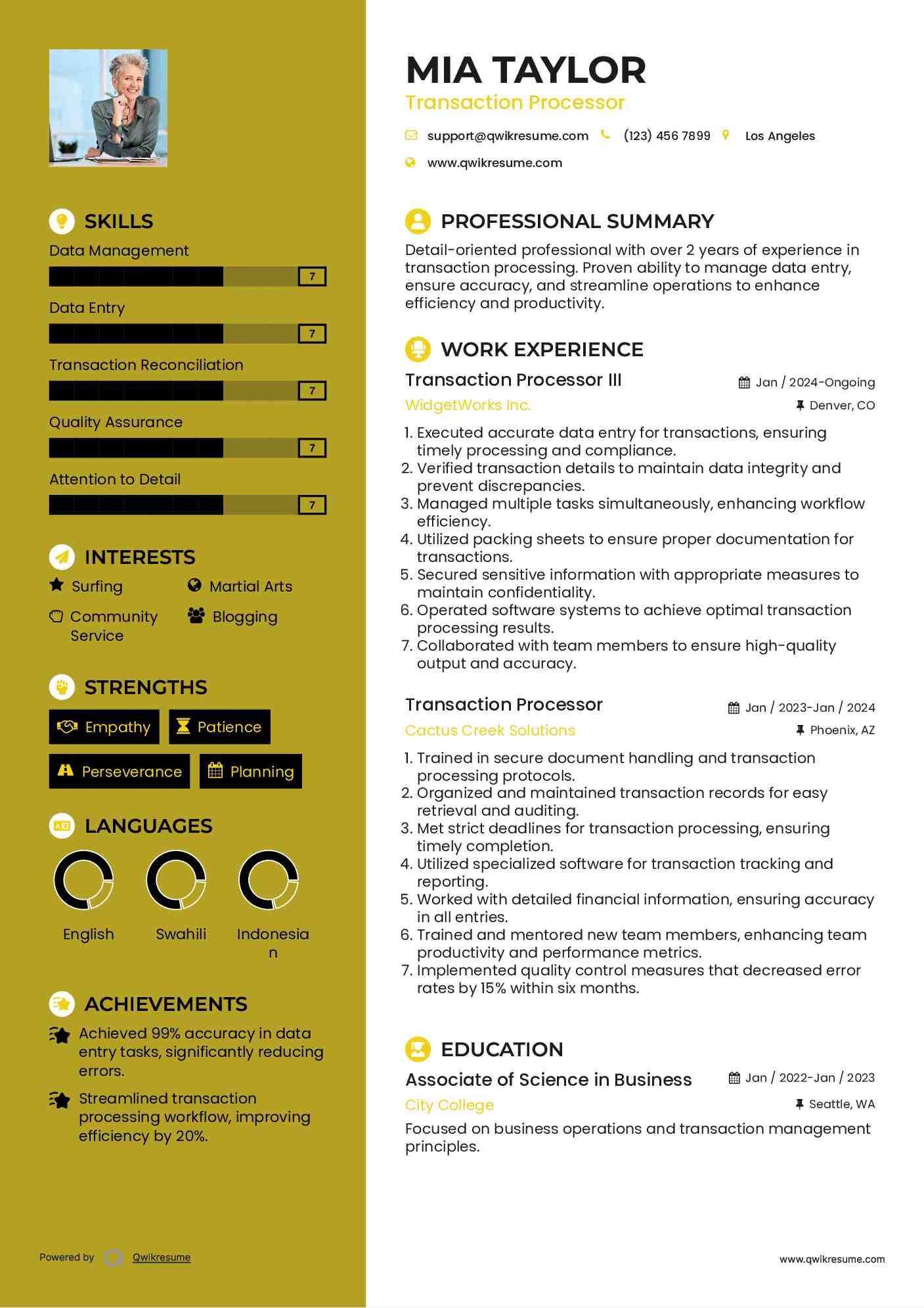Transaction Processor III Resume Sample