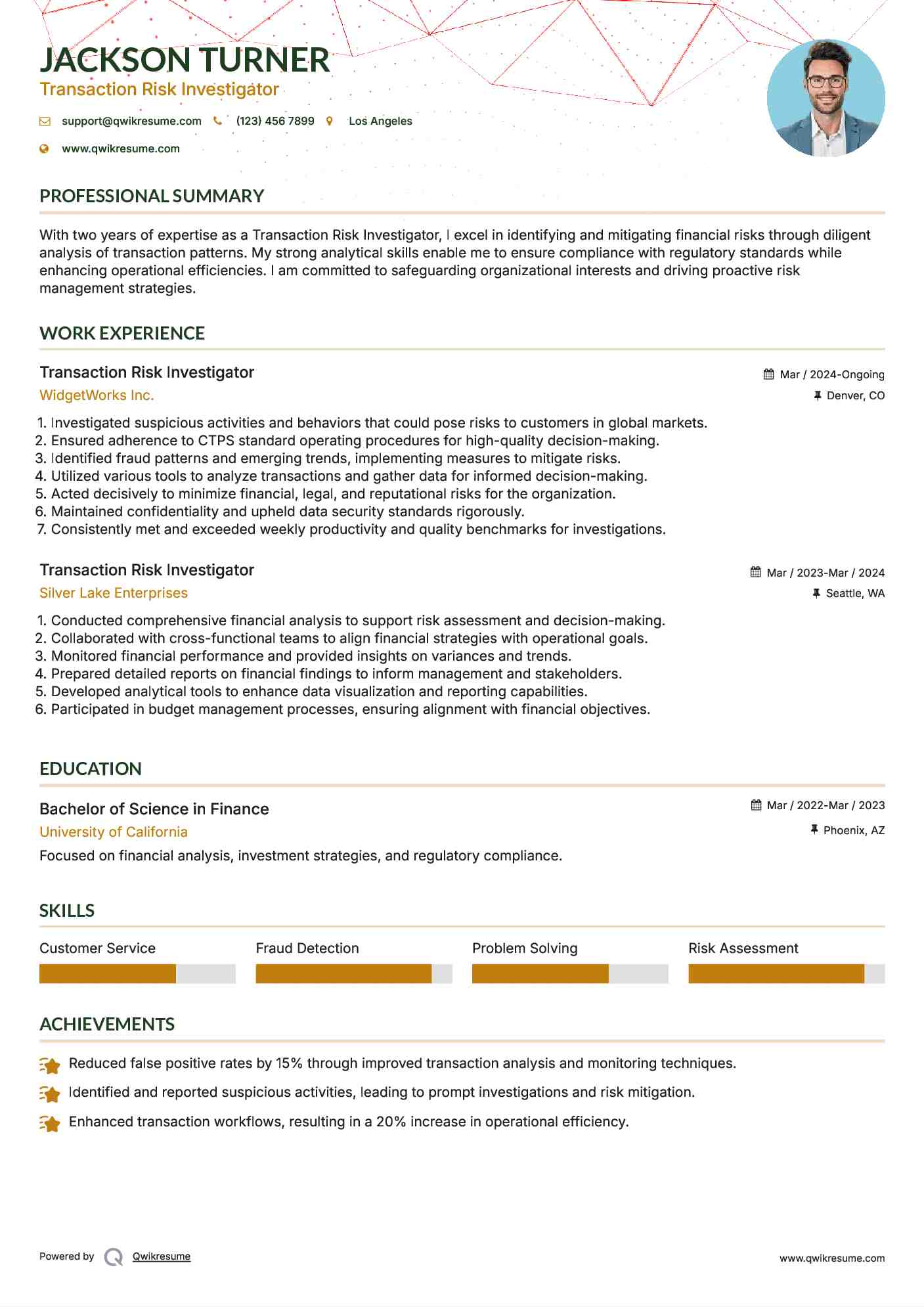 Transaction Risk Investigator Resume Sample