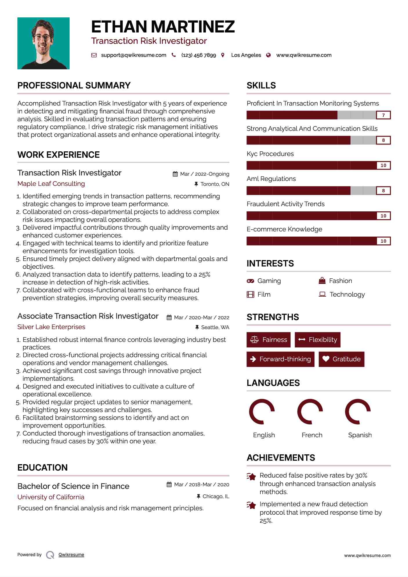 Transaction Risk Investigator Resume Format