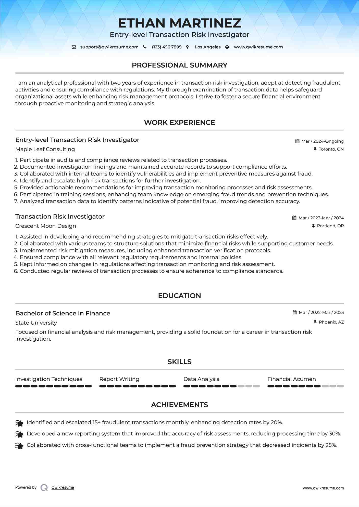 Entry-level Transaction Risk Investigator Resume Template