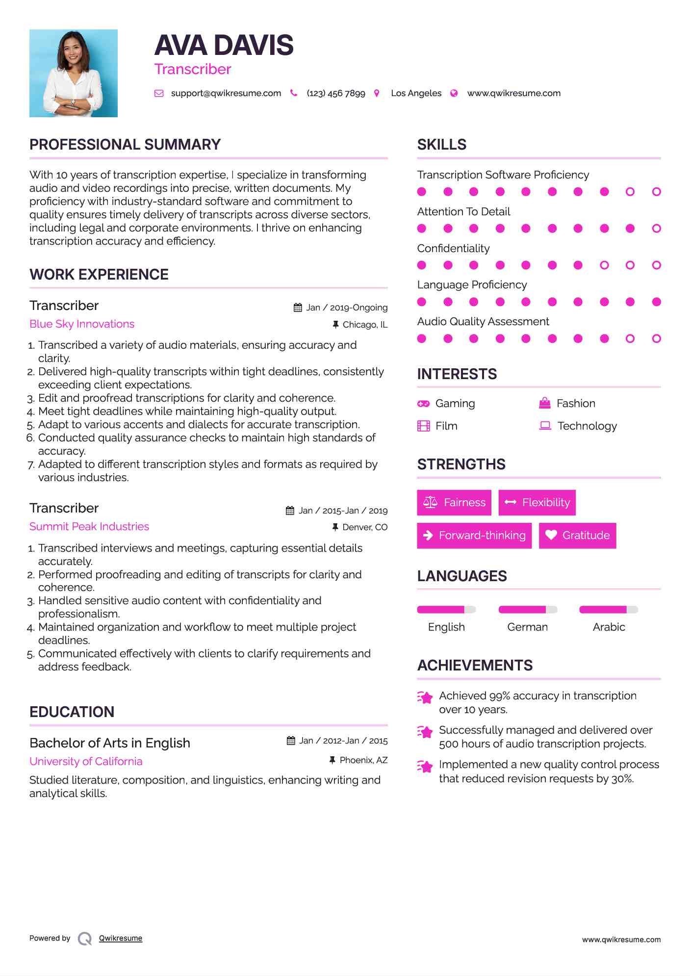 Transcriber Resume Model