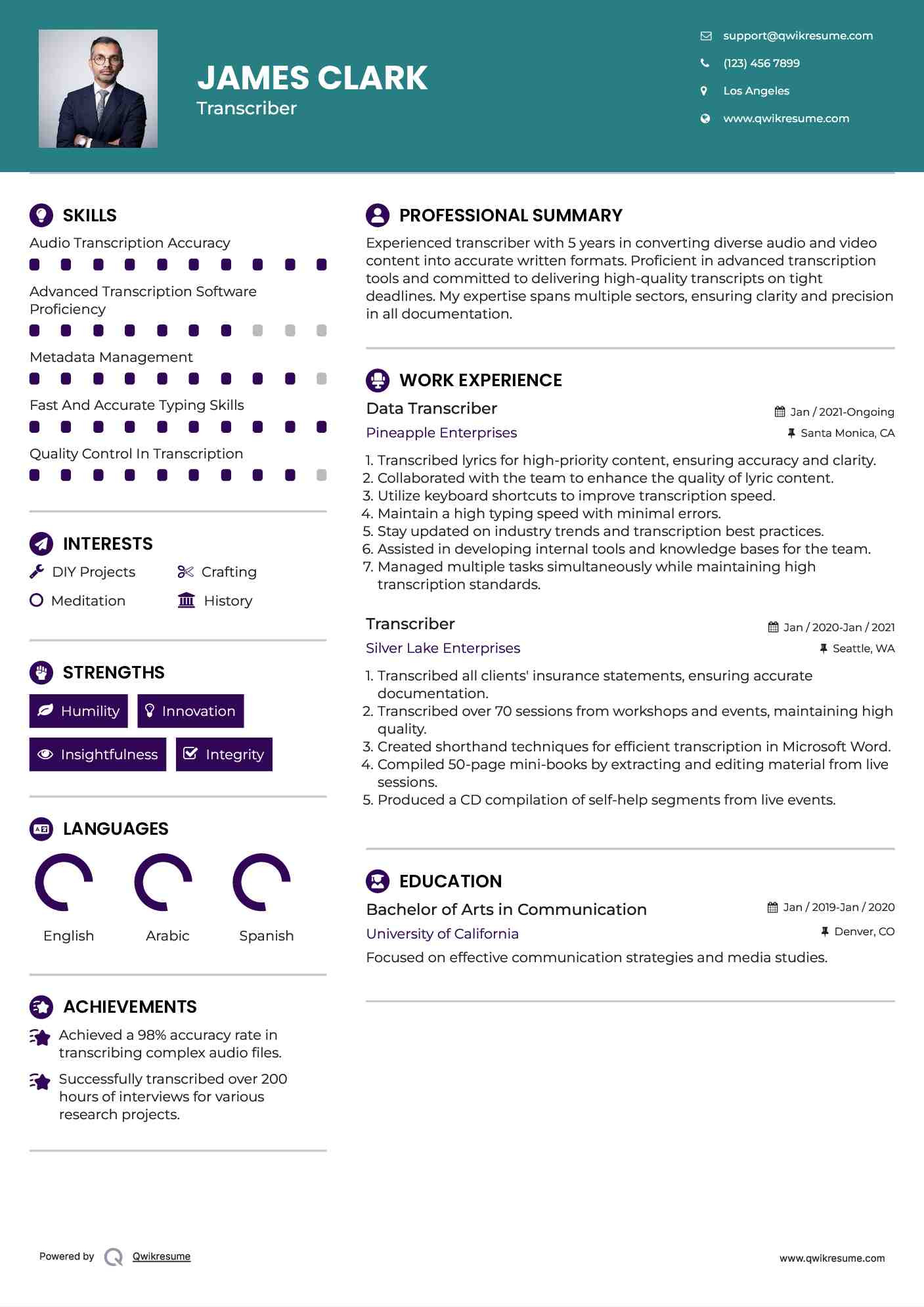 Data Transcriber Resume Format