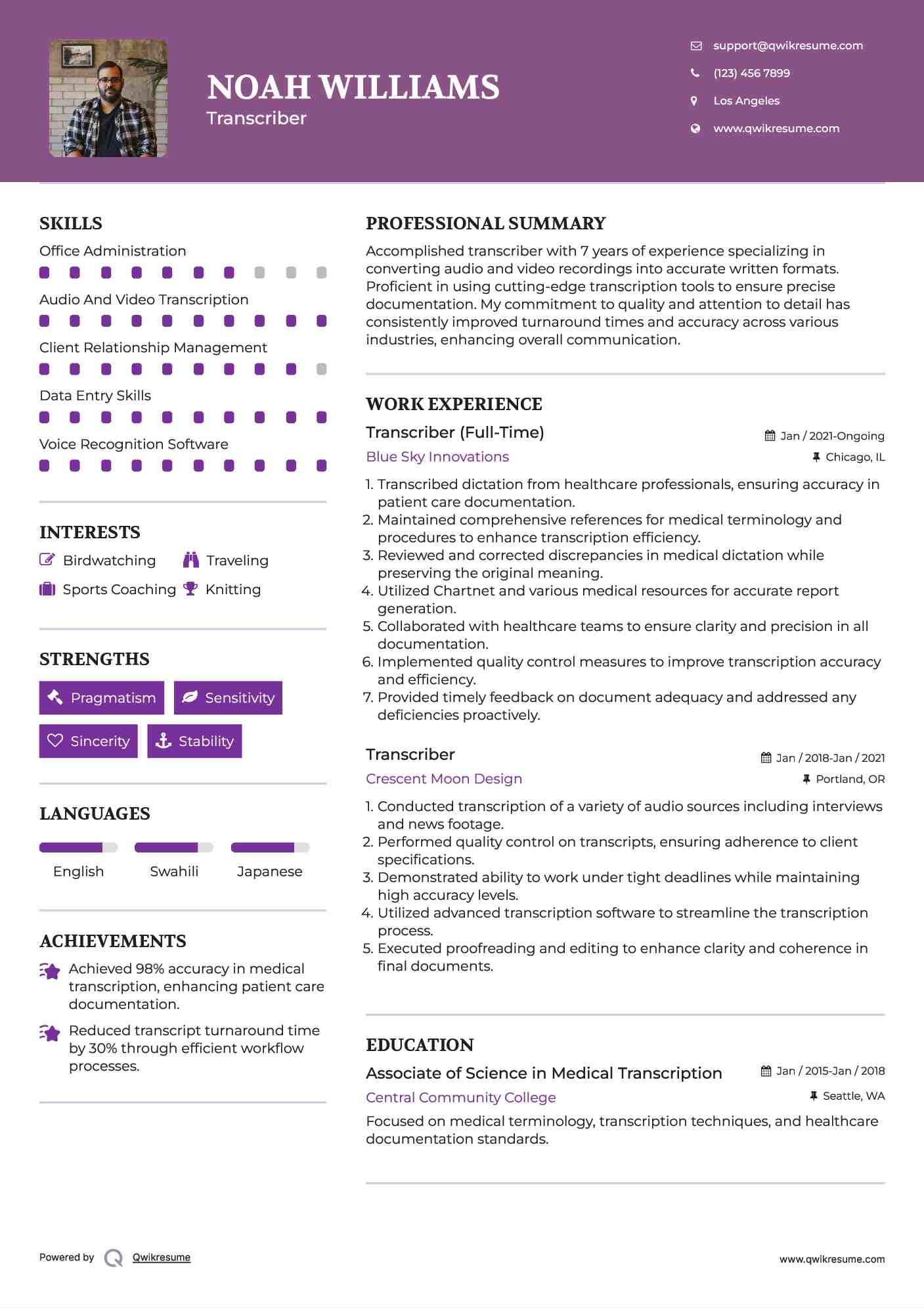 Transcriber (Full-Time) Resume Template