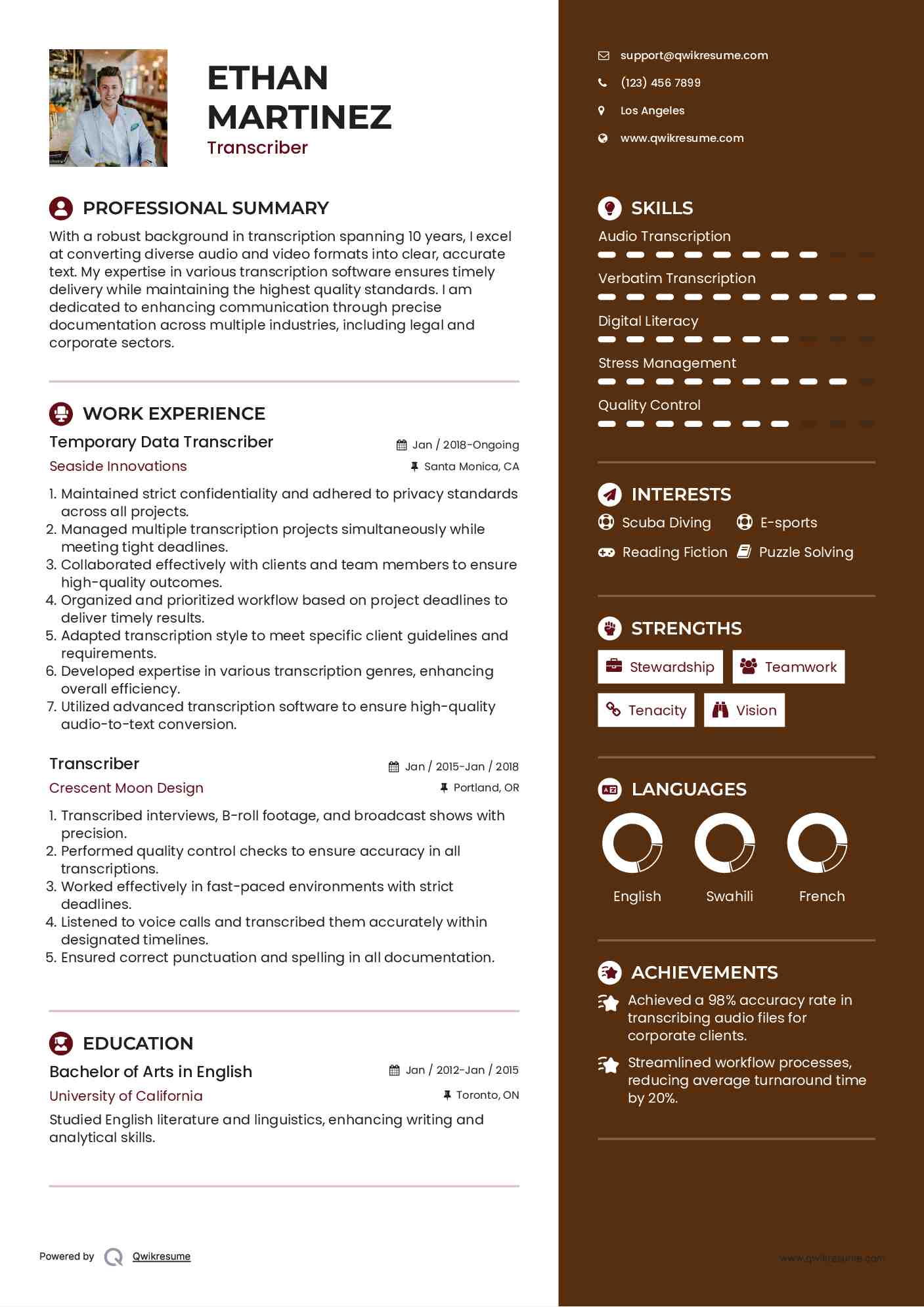 Temporary Data Transcriber Resume Example