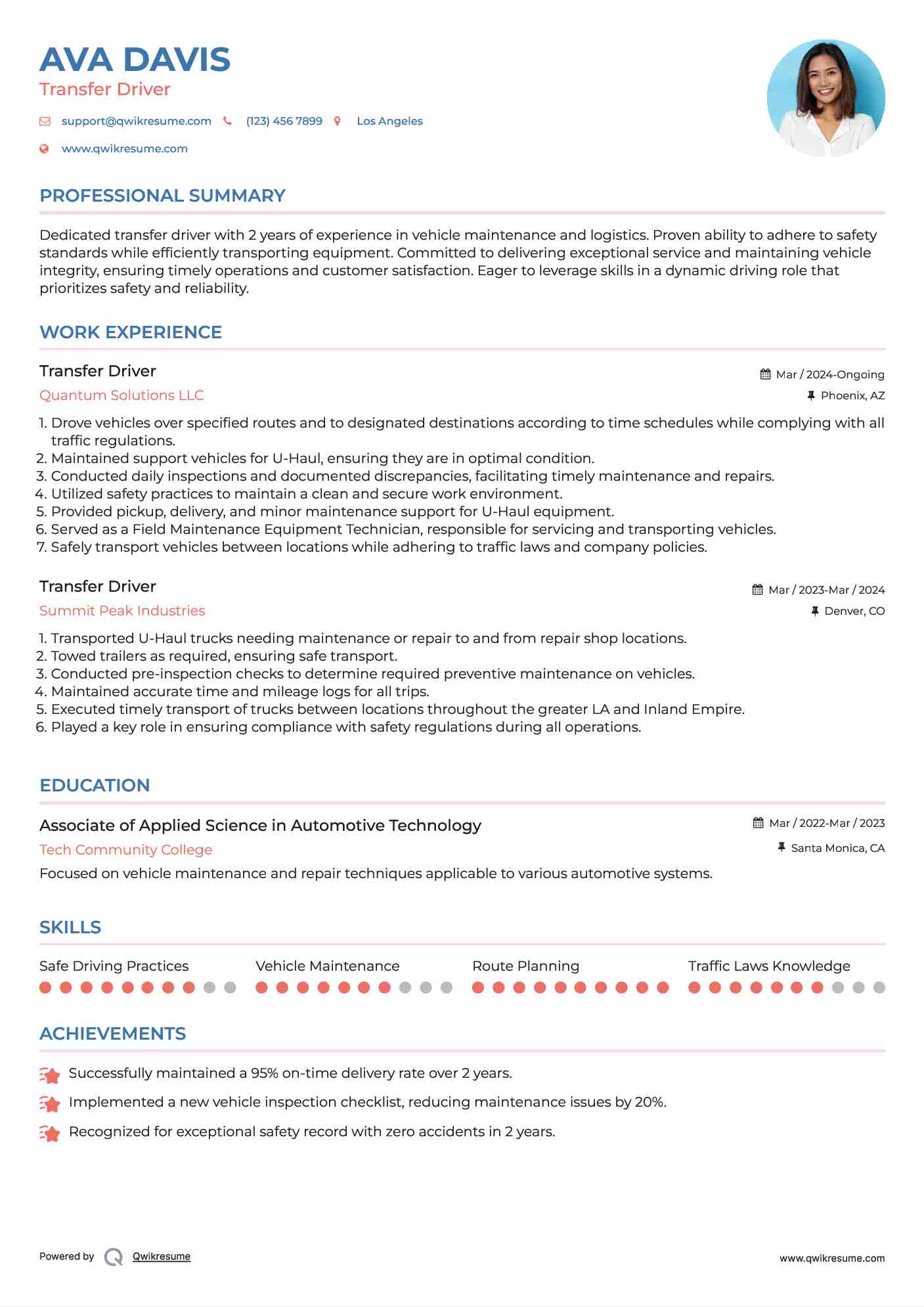 Transfer Driver Resume Example