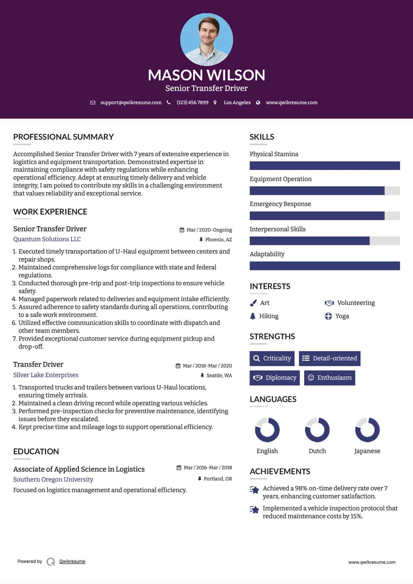 Senior Transfer Driver Resume Format