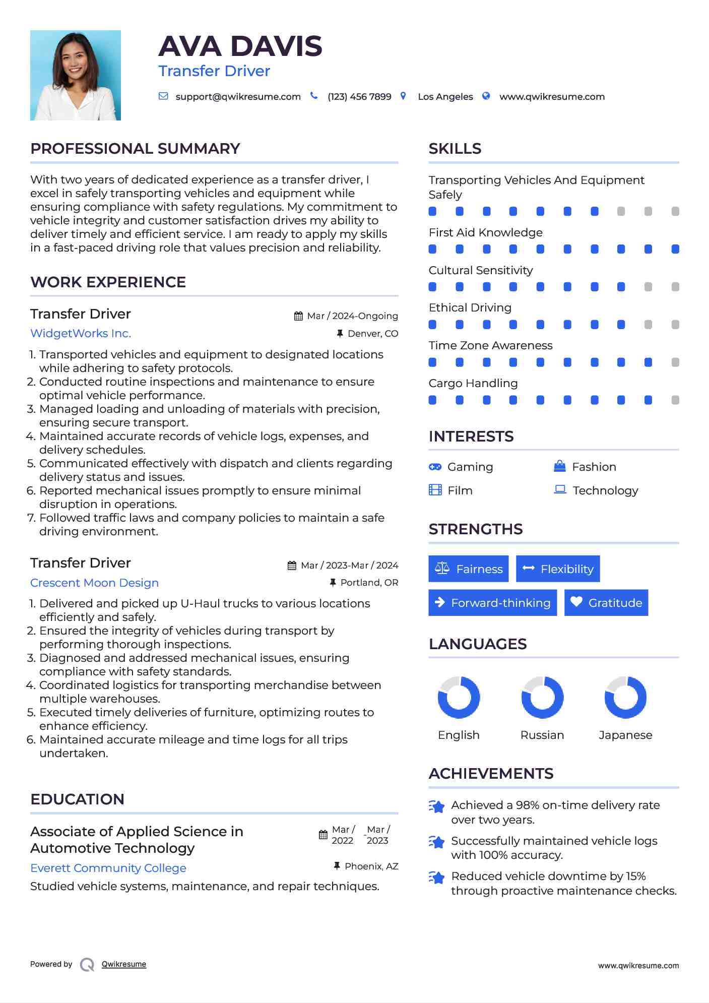 Transfer Driver Resume Example